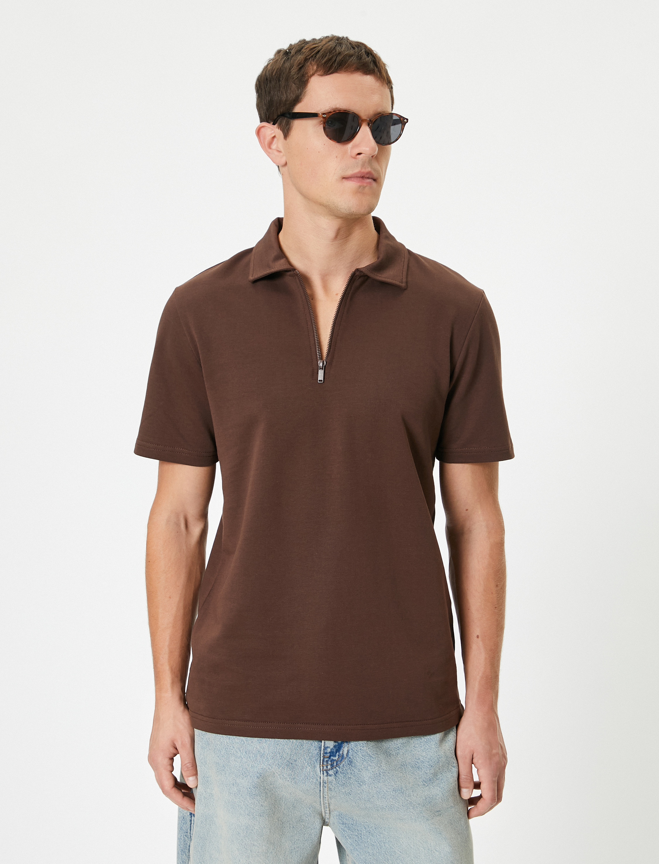   Yarım Fermuarlı Polo Tişört Kısa Kollu Pamuklu