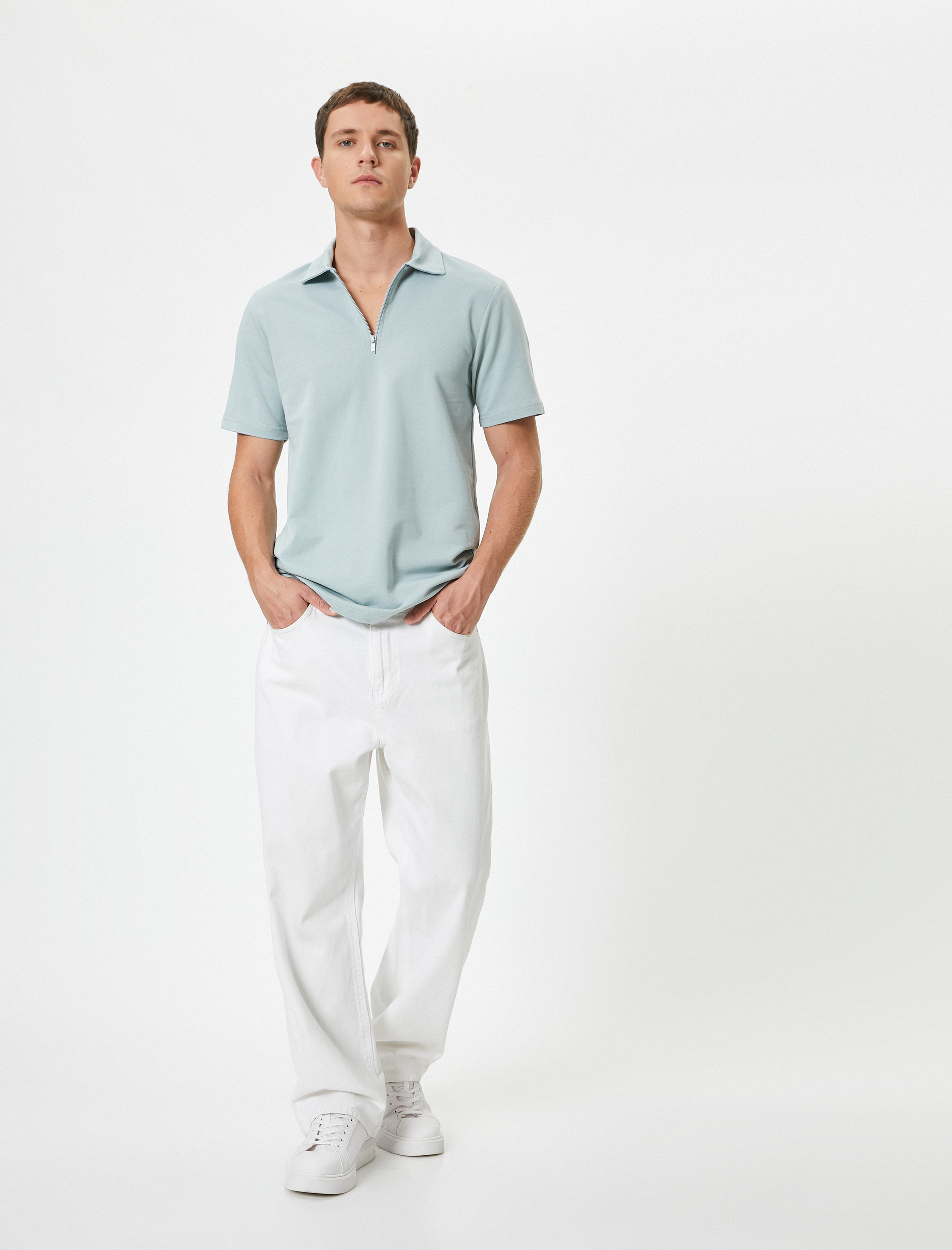   Yarım Fermuarlı Polo Tişört Kısa Kollu Pamuklu