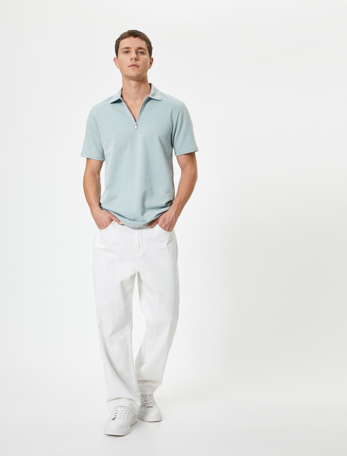  Yarım Fermuarlı Polo Tişört Kısa Kollu Pamuklu