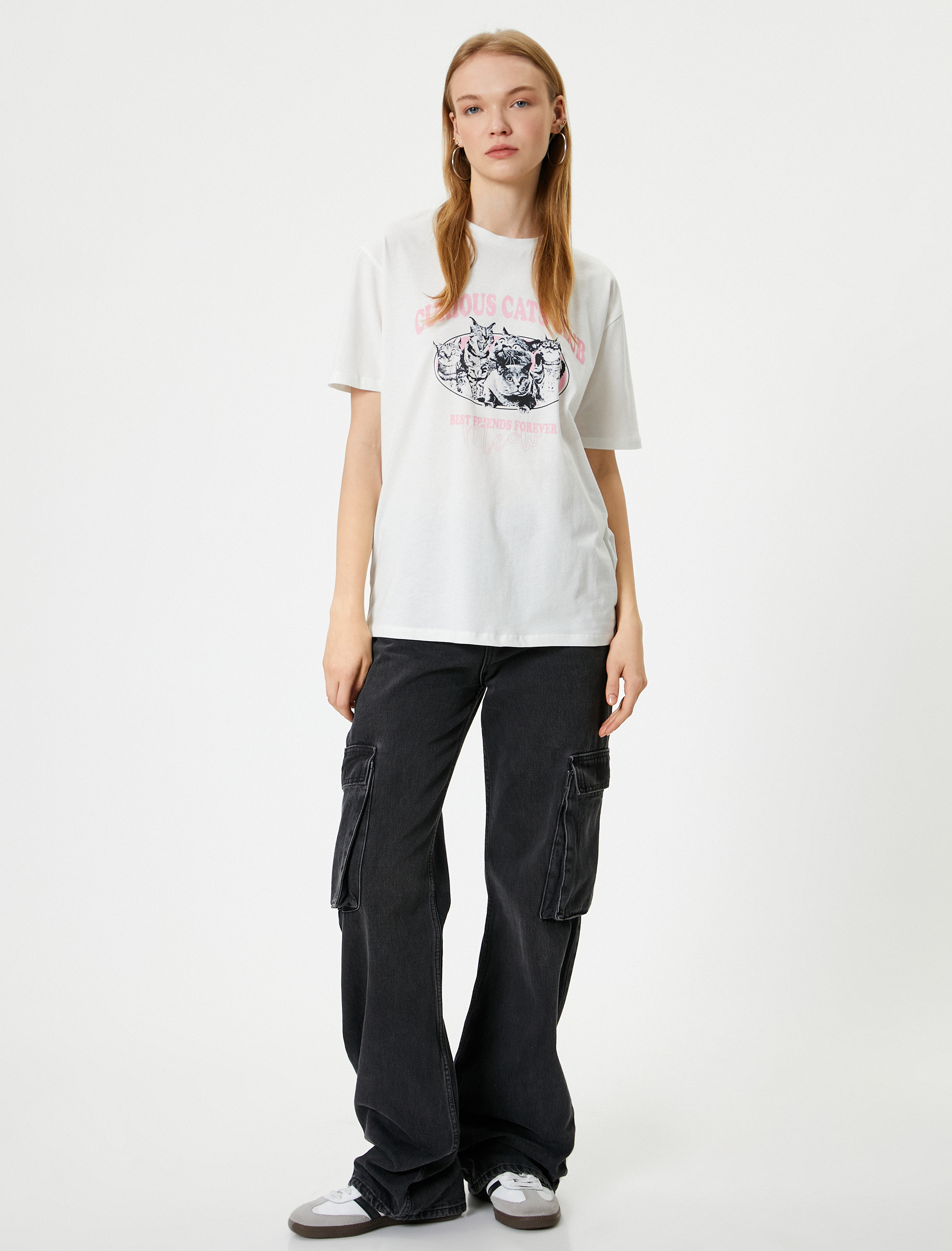   Kedi Baskılı Tişört Relax Fit Bisiklet Yaka Kısa Kollu