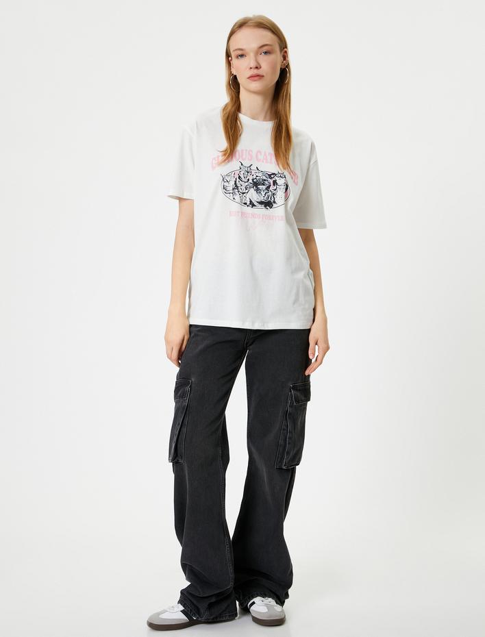  Kedi Baskılı Tişört Relax Fit Bisiklet Yaka Kısa Kollu