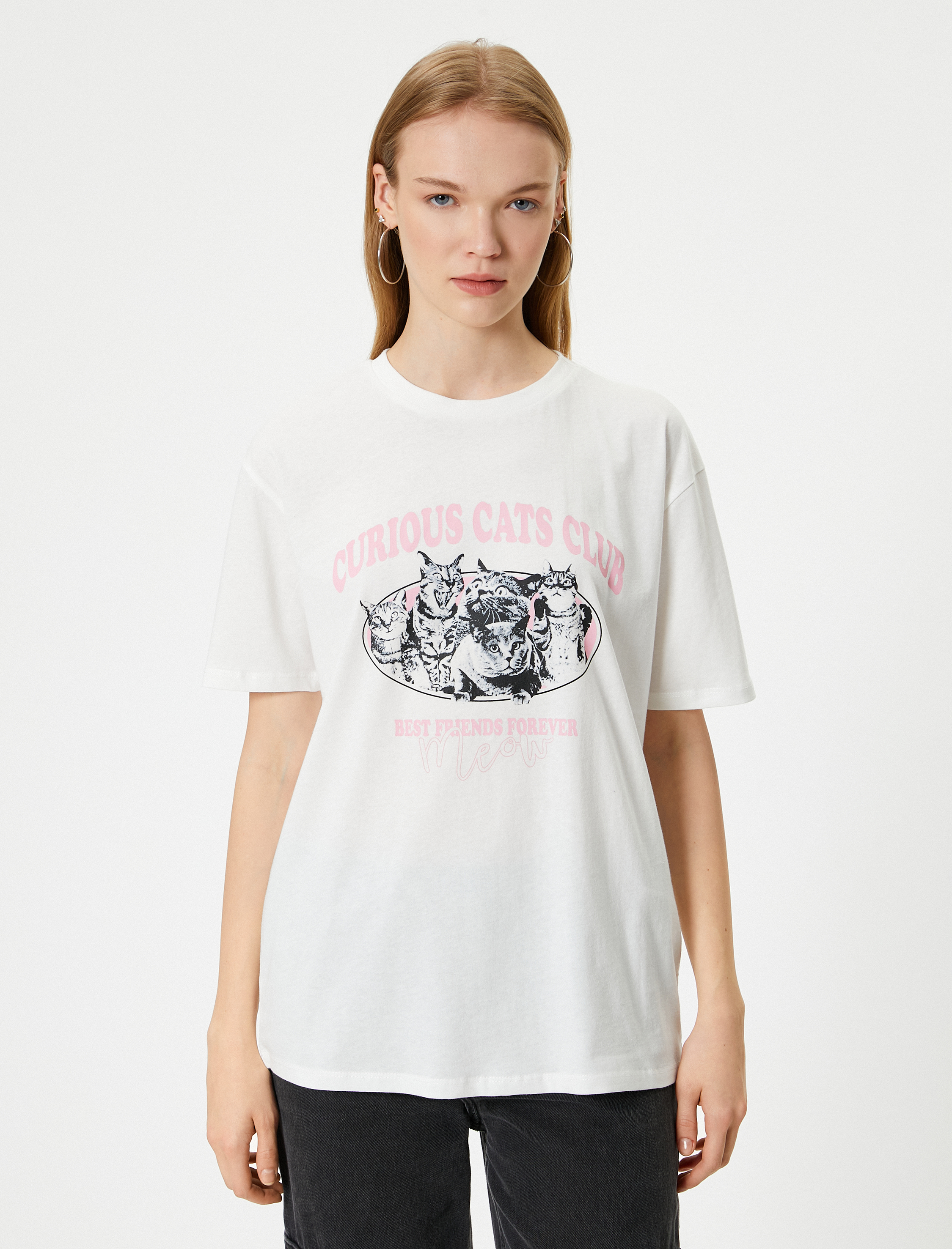   Kedi Baskılı Tişört Relax Fit Bisiklet Yaka Kısa Kollu