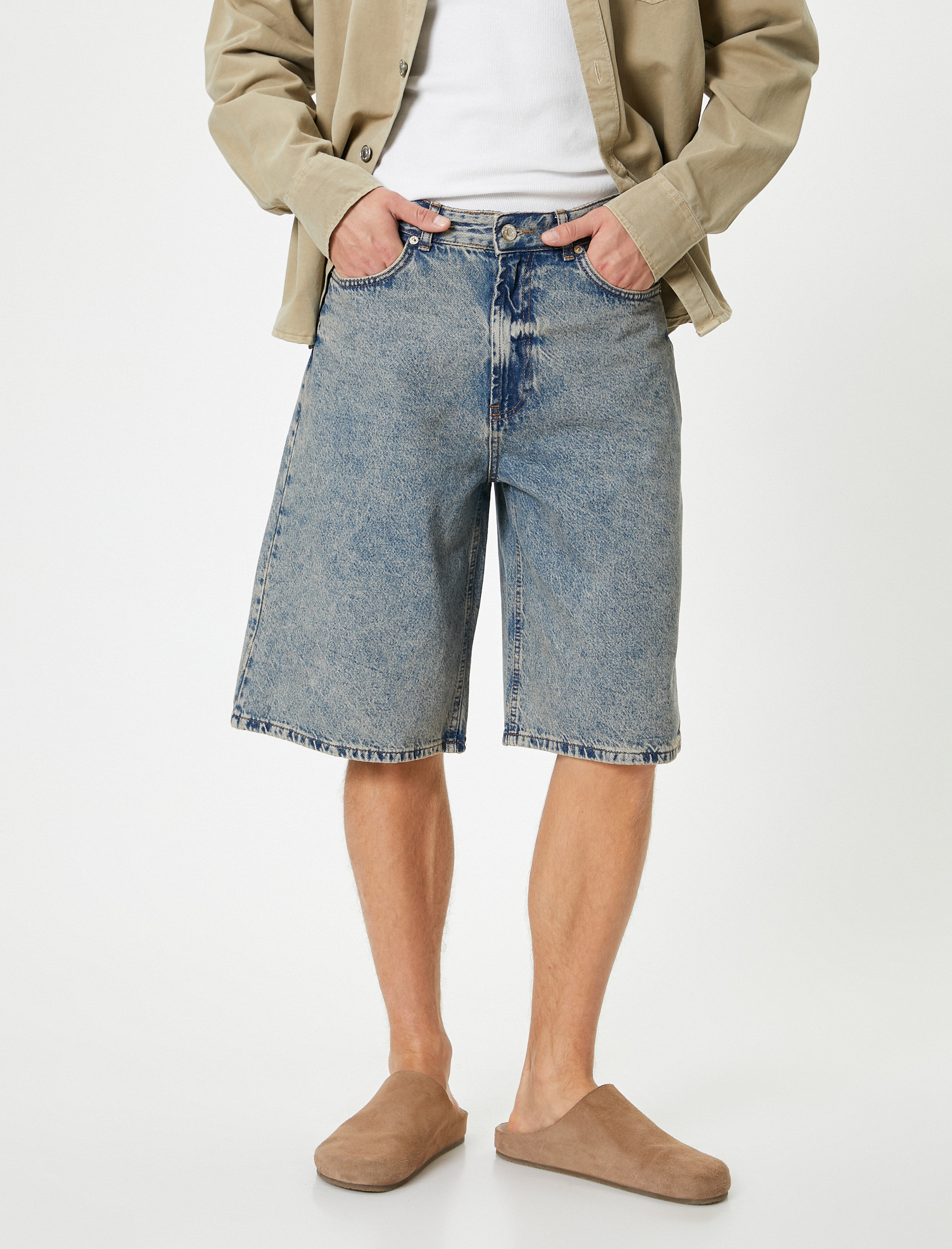   Baggy Jean Şort Düğmeli Cepli Oversize Pamuklu