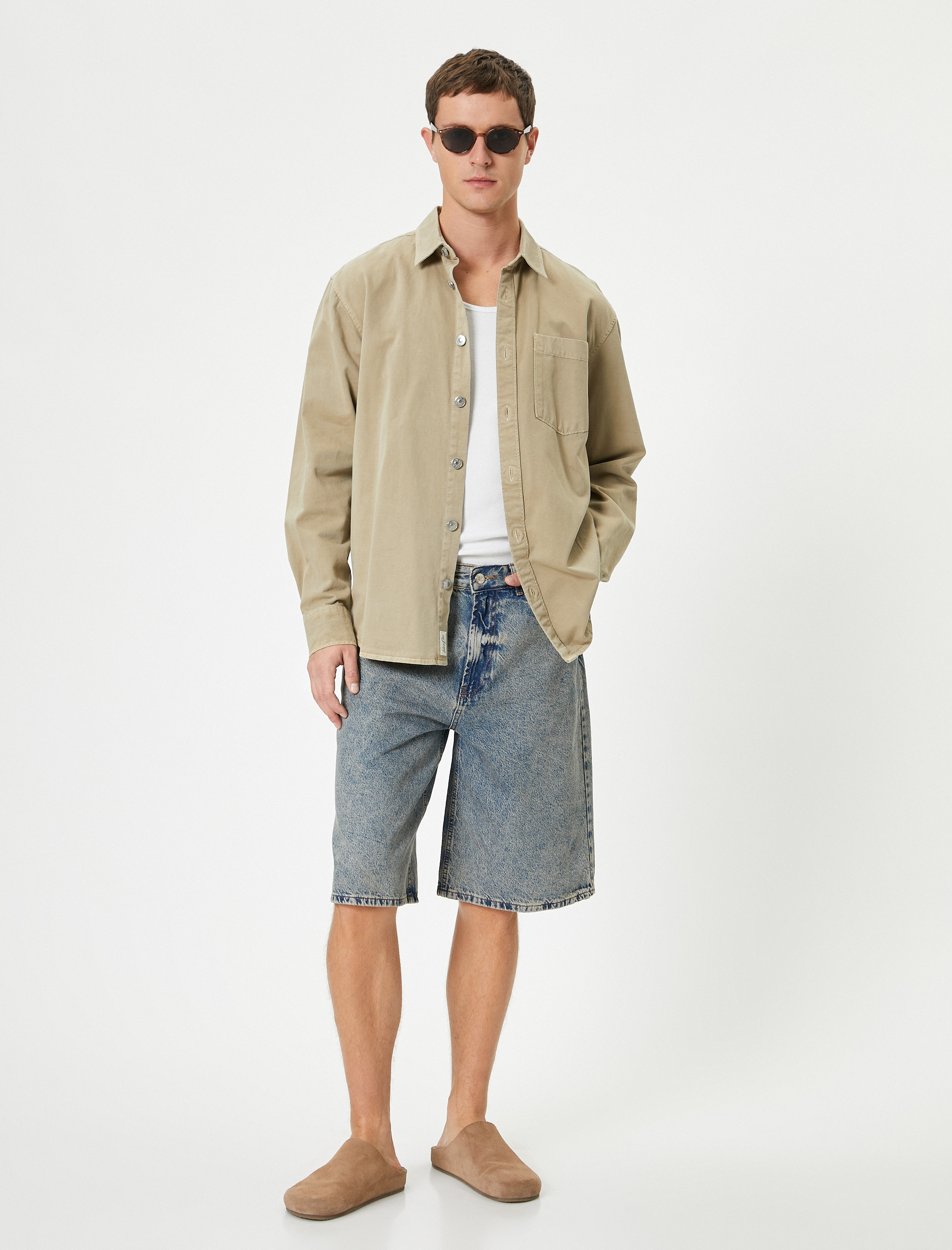   Baggy Jean Şort Düğmeli Cepli Oversize Pamuklu