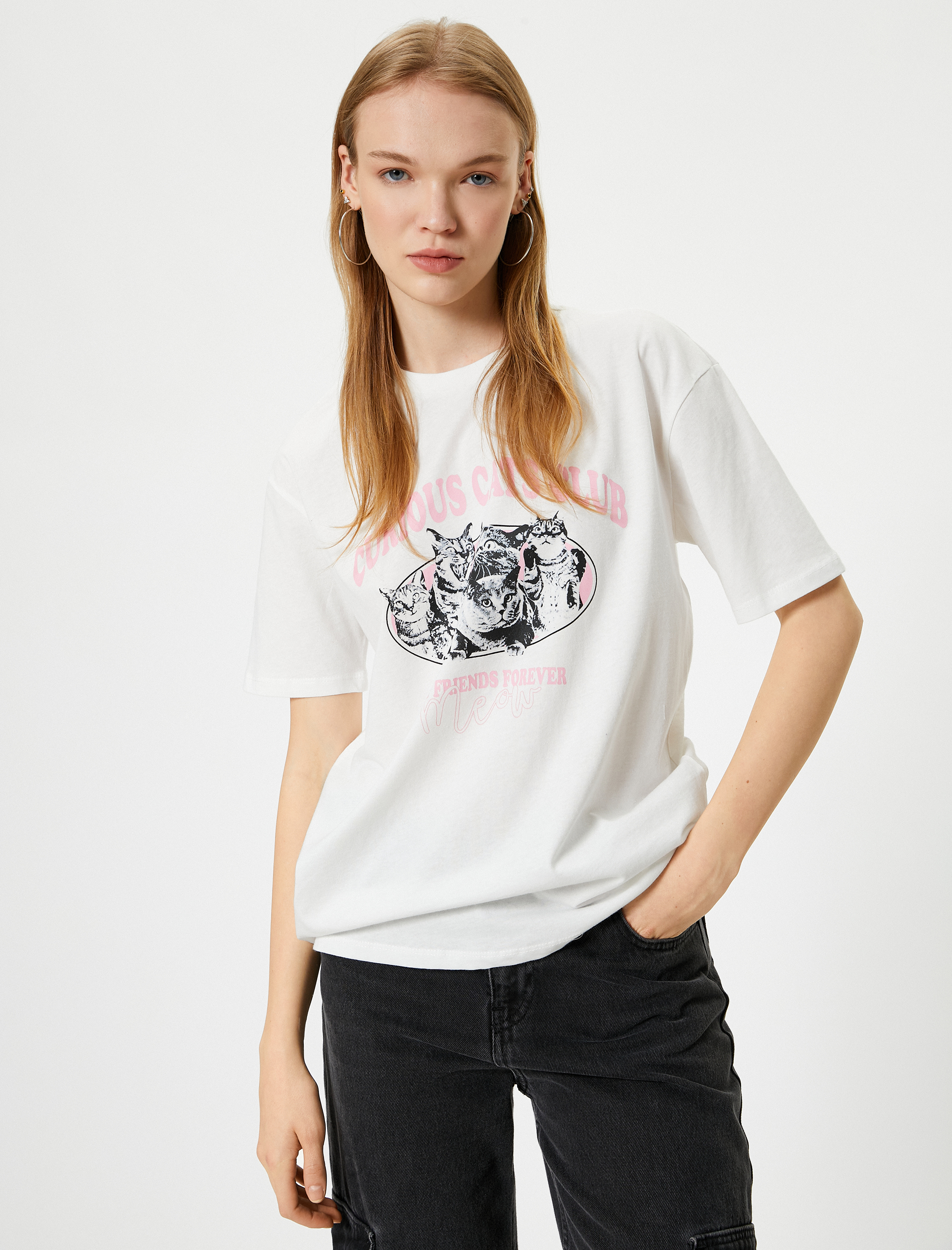   Kedi Baskılı Tişört Relax Fit Bisiklet Yaka Kısa Kollu