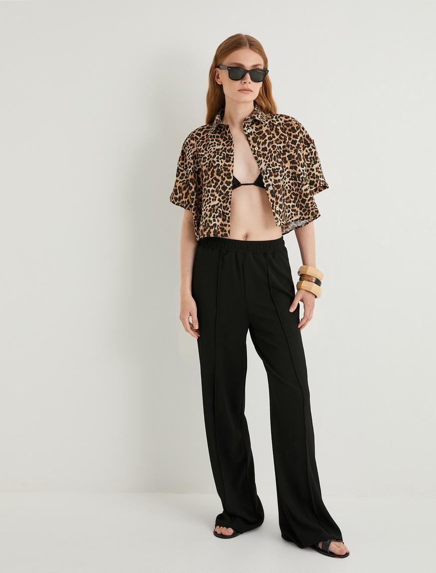   Crop Leopar Gömlek Oversize Kısa Kollu Cepli