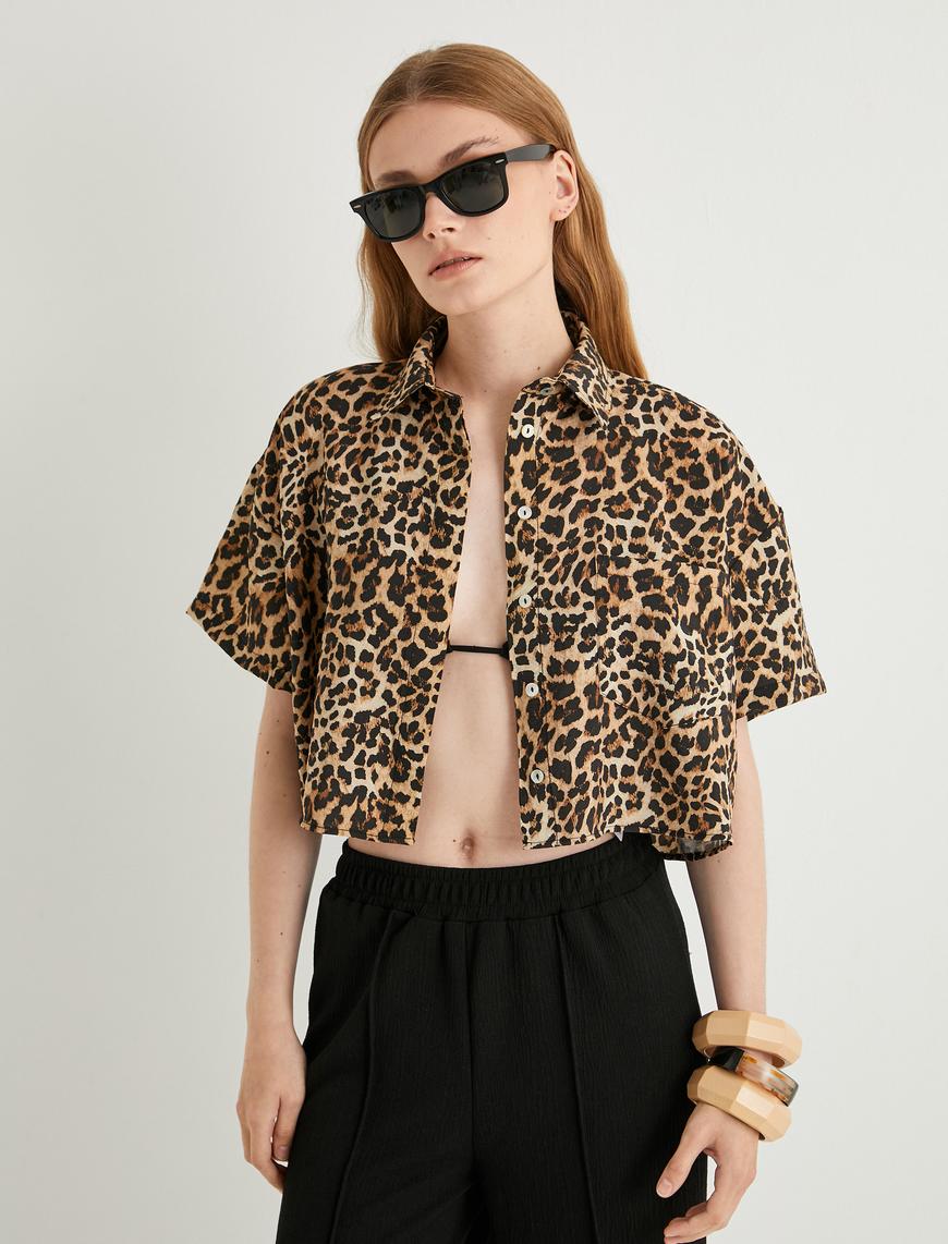   Crop Leopar Gömlek Oversize Kısa Kollu Cepli