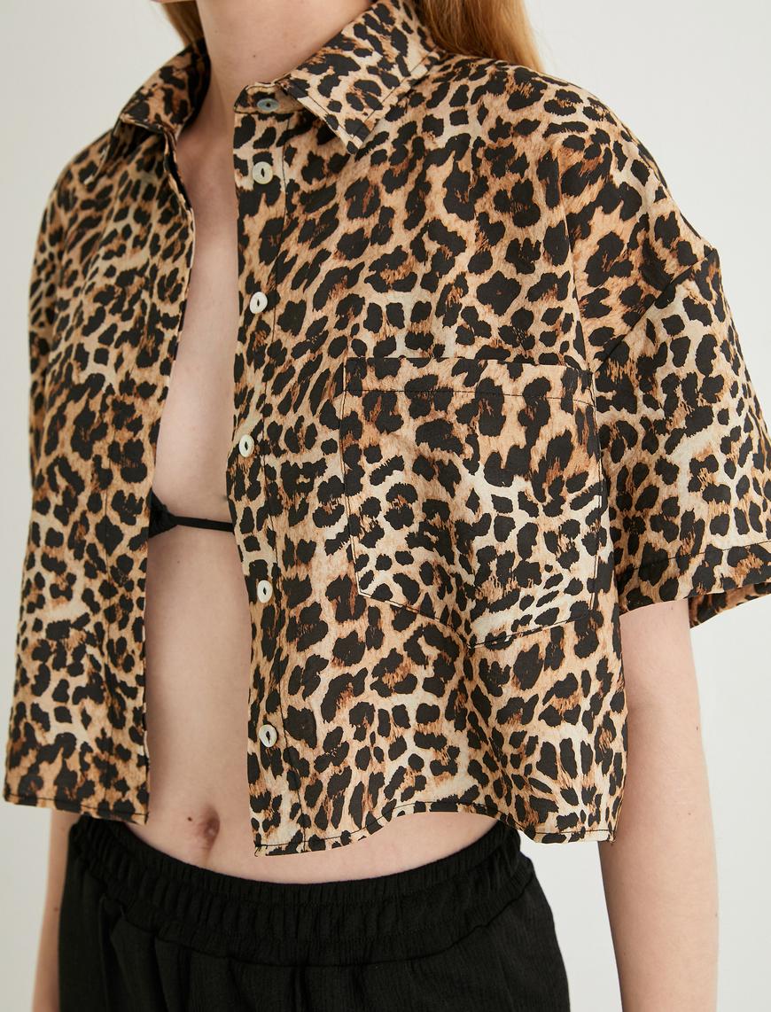   Crop Leopar Gömlek Oversize Kısa Kollu Cepli