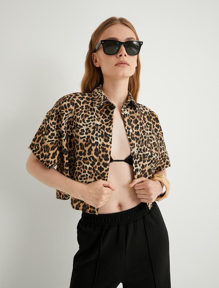  Crop Leopar Gömlek Oversize Kısa Kollu Cepli