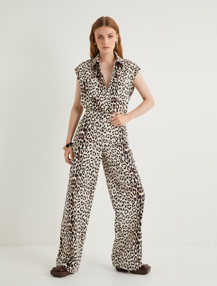  Leopar Pantolon Geniş Paça Yüksek Bel Pamuklu