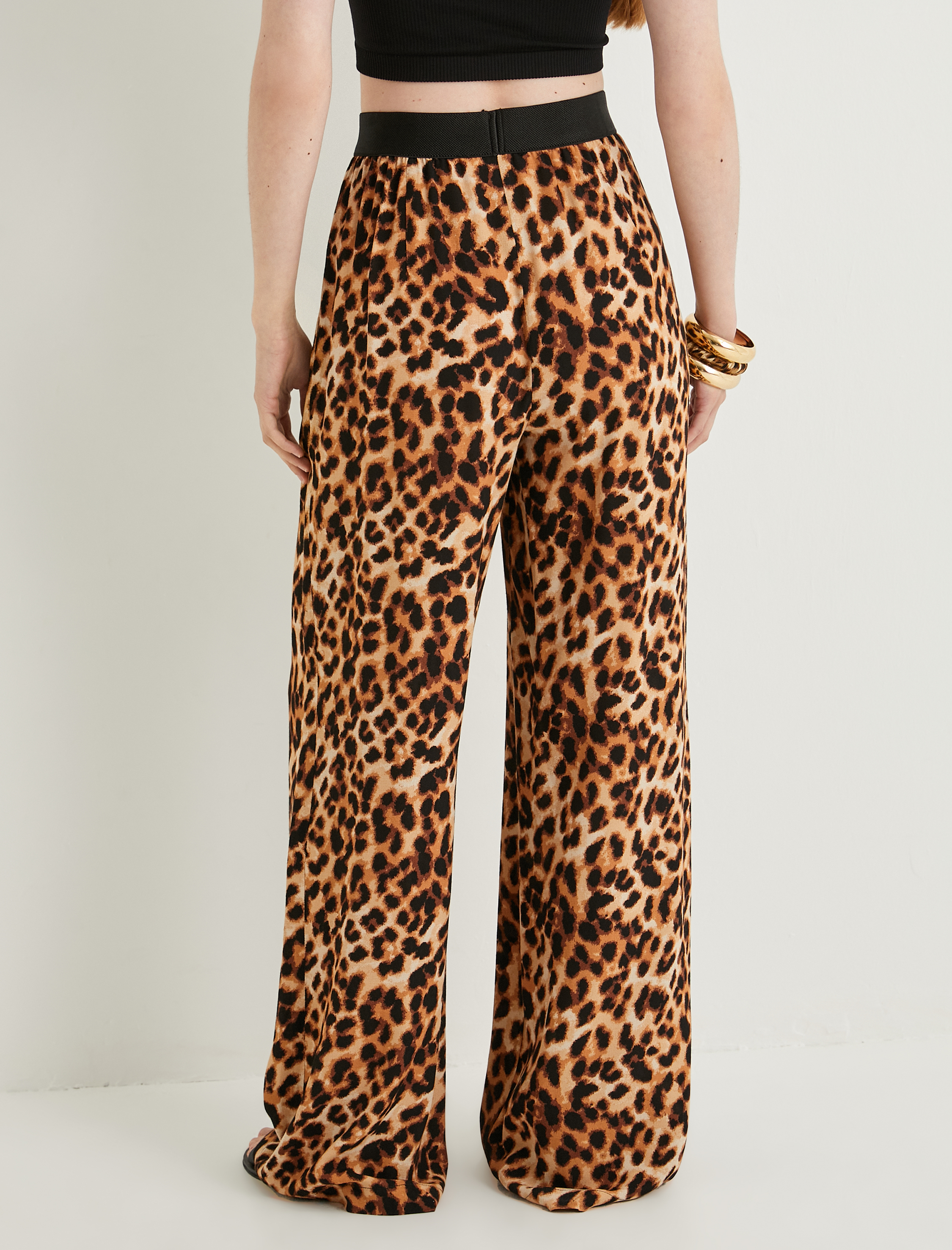   Leopar Pantolon Geniş Paça Bant Detaylı Yüksek Bel Viskoz Kumaş