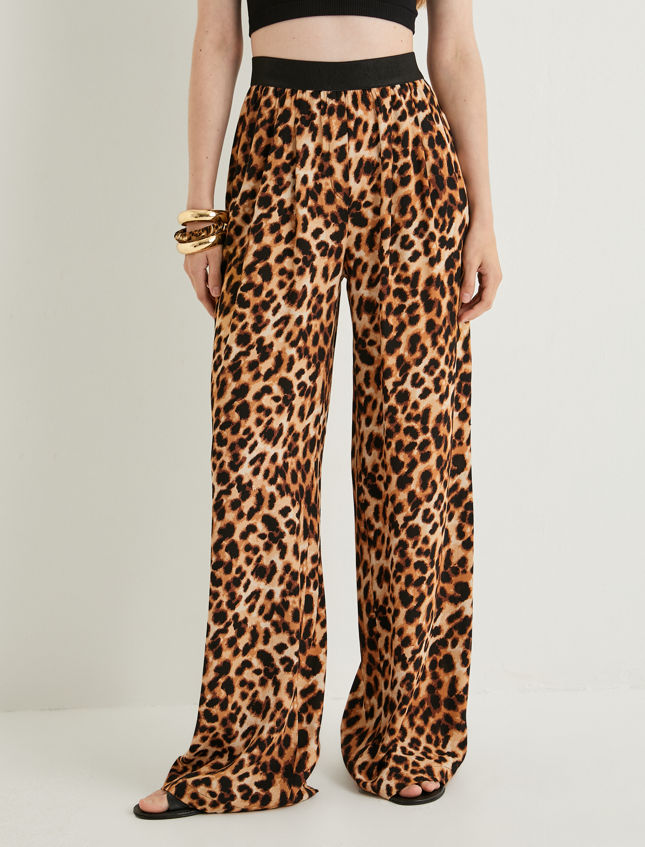   Leopar Pantolon Geniş Paça Bant Detaylı Yüksek Bel Viskoz Kumaş