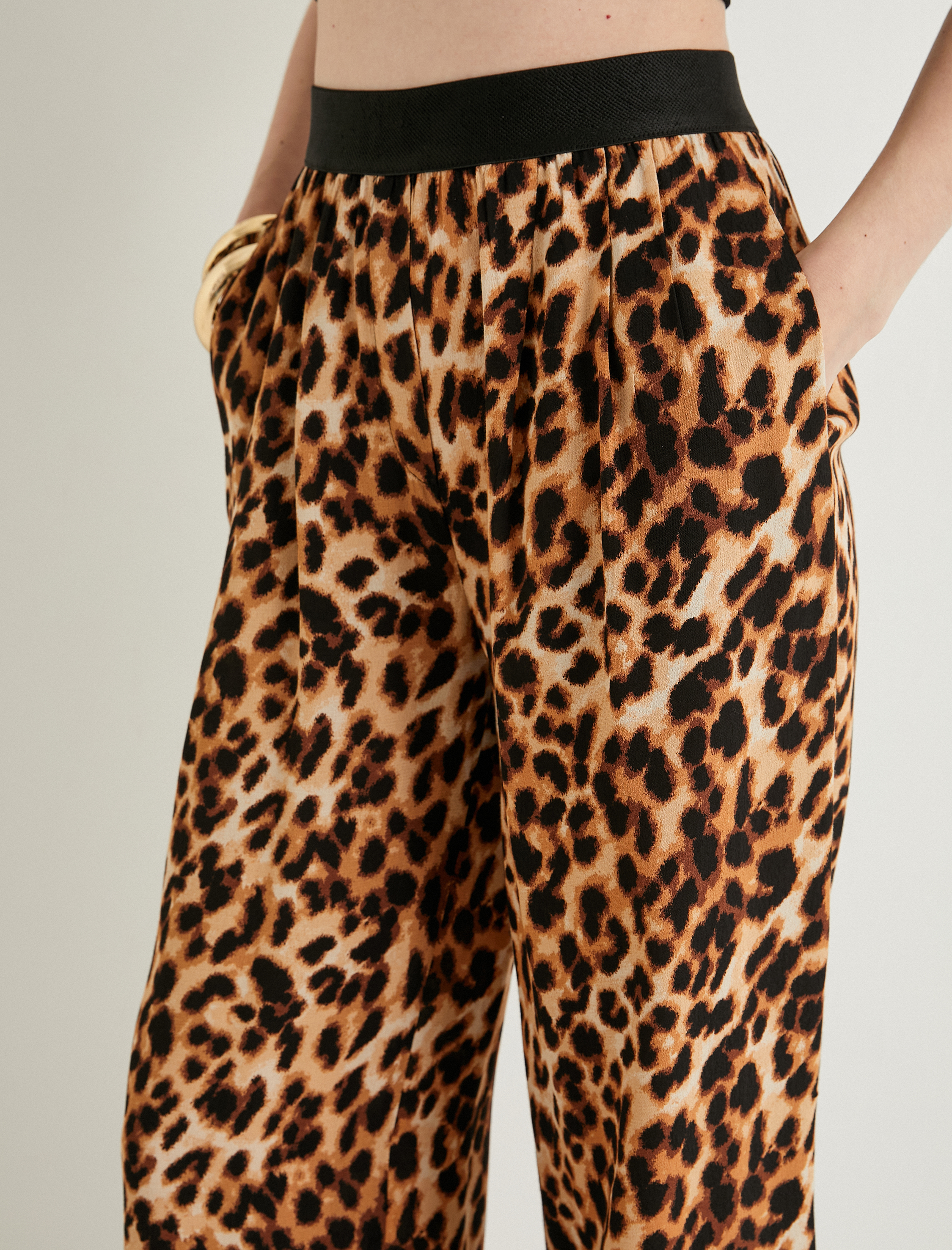   Leopar Pantolon Geniş Paça Bant Detaylı Yüksek Bel Viskoz Kumaş