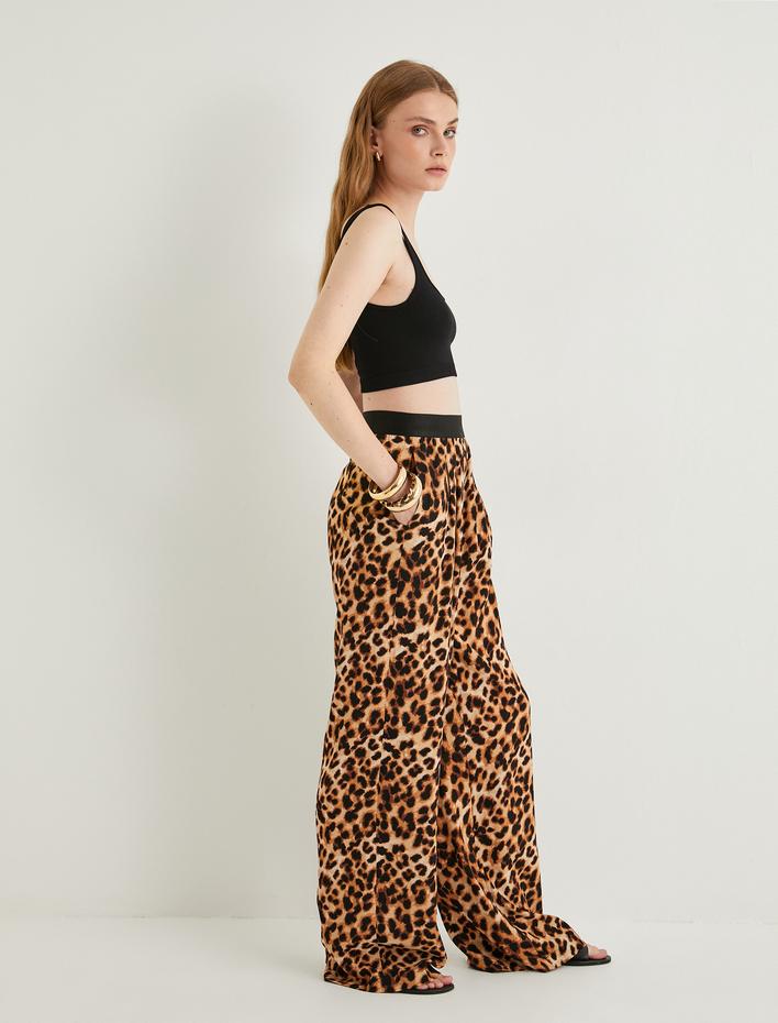  Leopar Pantolon Geniş Paça Bant Detaylı Yüksek Bel Viskoz Kumaş