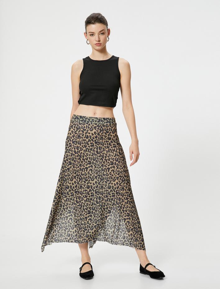  Leopar Etek Asimetrik Kesim Midi Boy