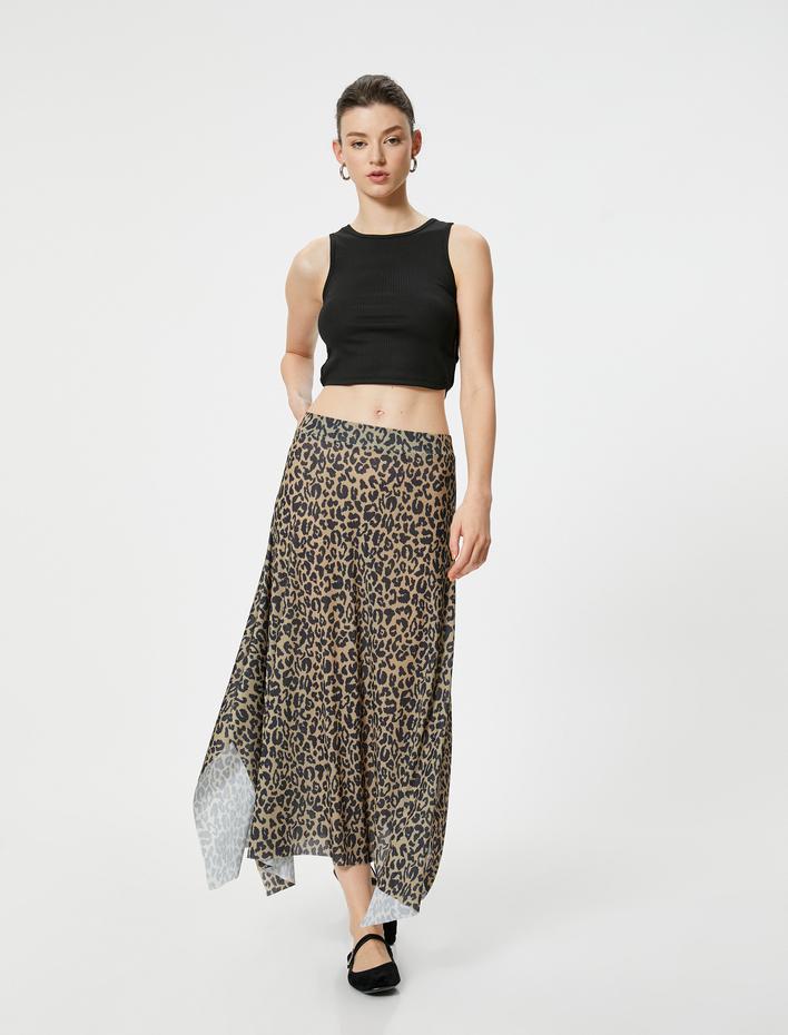 Leopar Etek Asimetrik Kesim Midi Boy