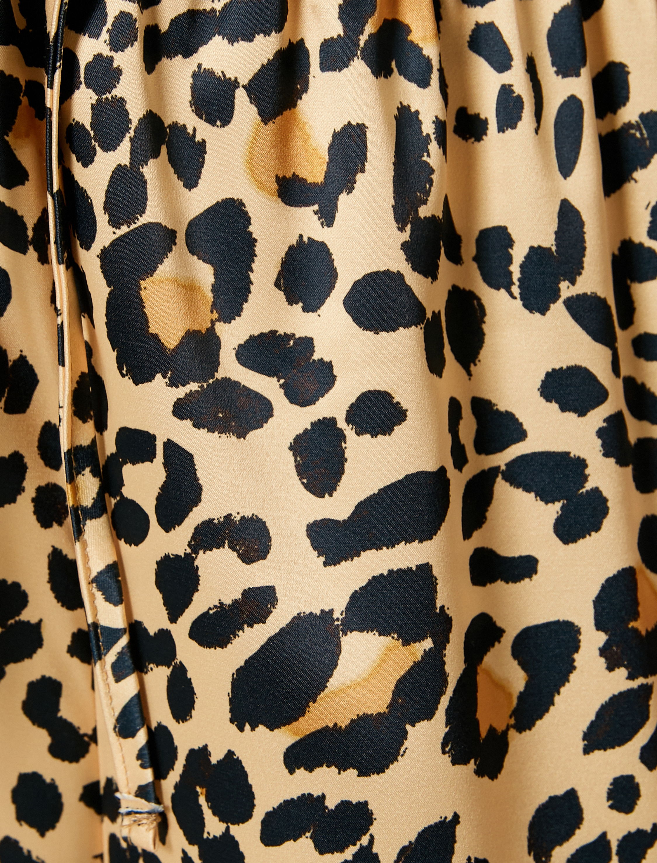   Leopar Desenli Saten Pantolon Beli Bağcıklı Düz Paça