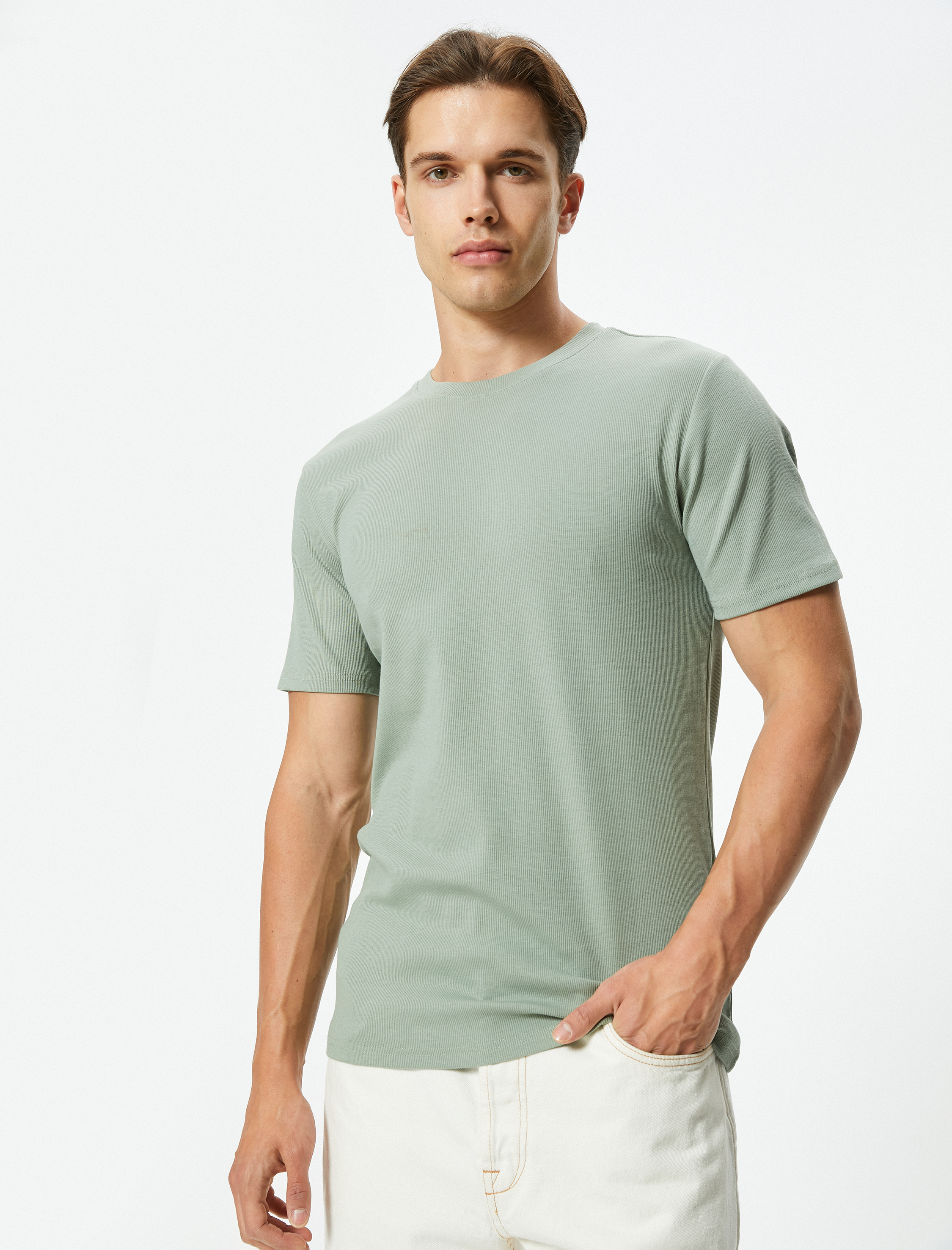   Fitilli Tişört Dokulu Bisiklet Yaka Kısa Kollu Pamuklu