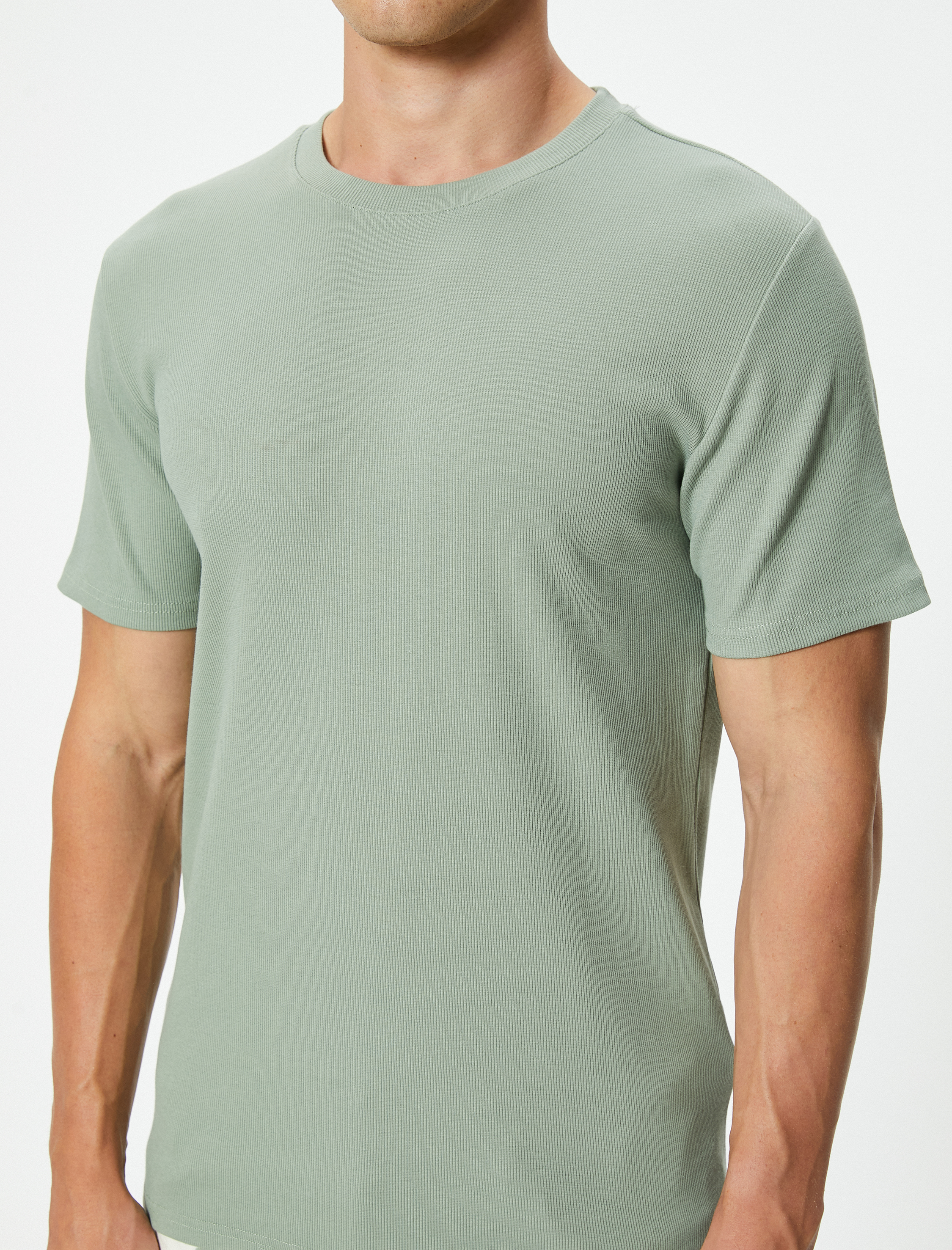   Fitilli Tişört Dokulu Bisiklet Yaka Kısa Kollu Pamuklu