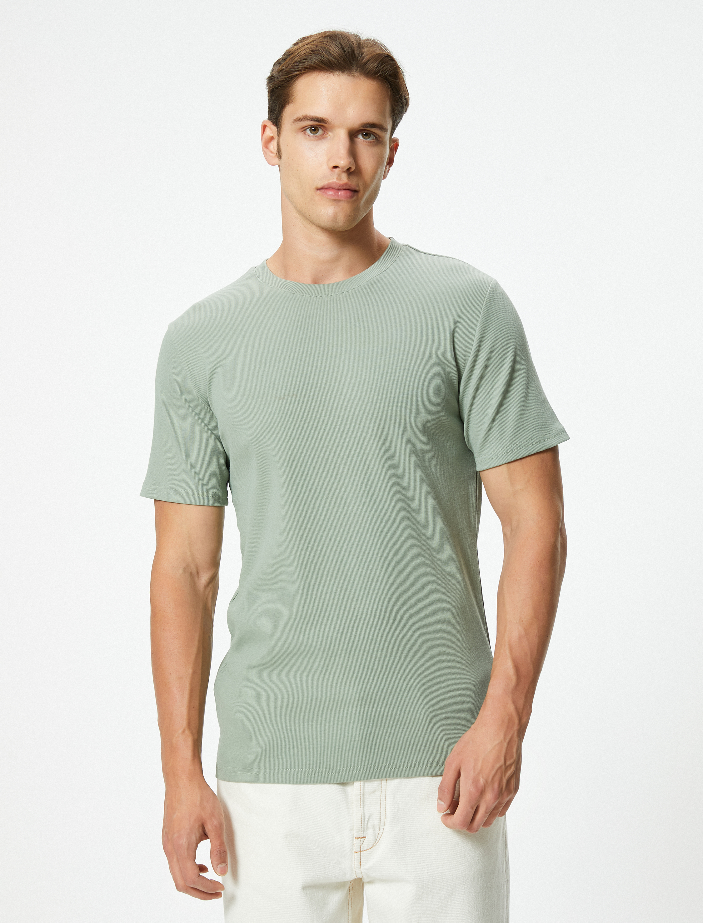   Fitilli Tişört Dokulu Bisiklet Yaka Kısa Kollu Pamuklu