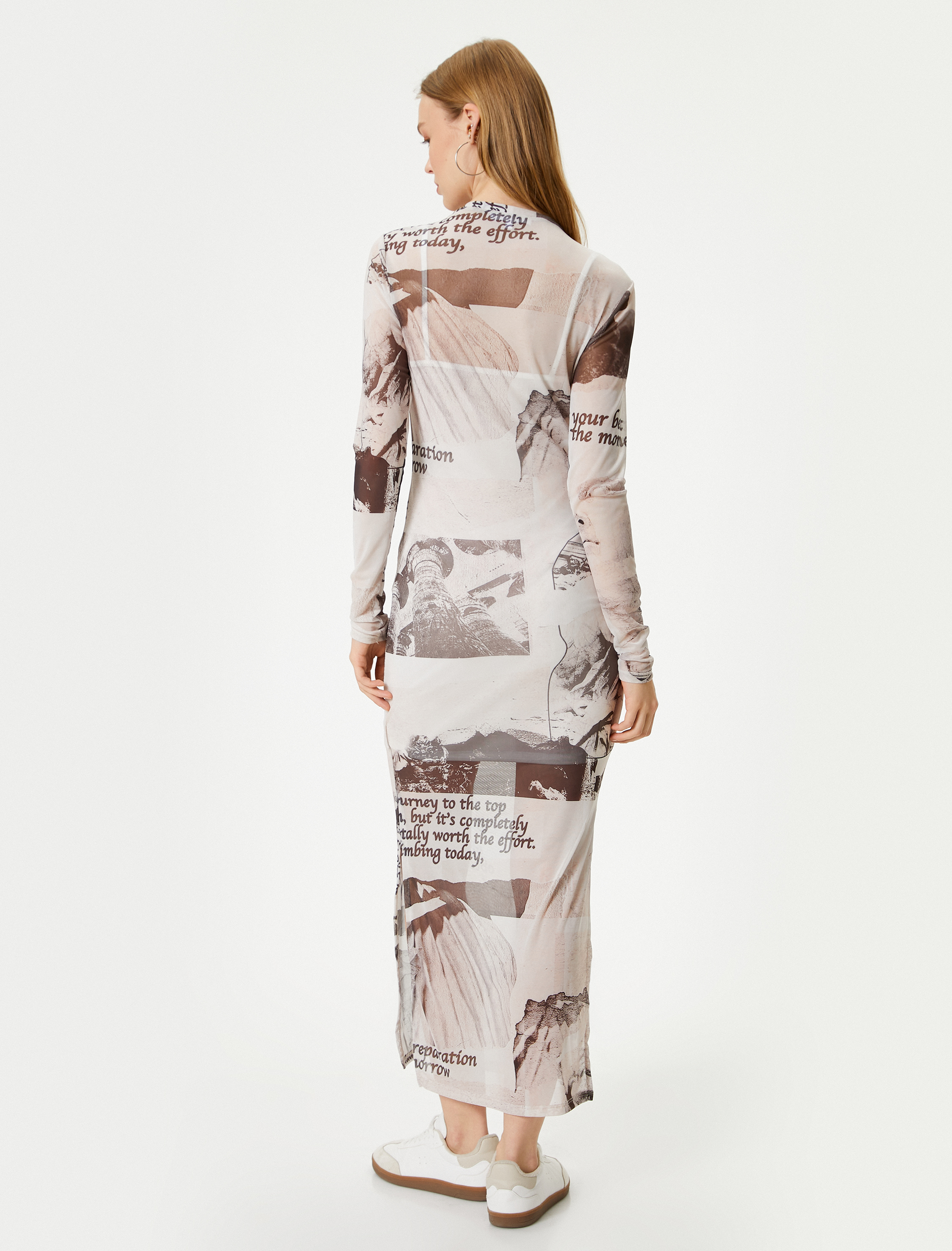   Uzun Kollu Transparan Astarlı Yırtmaçlı Uzun Elbise