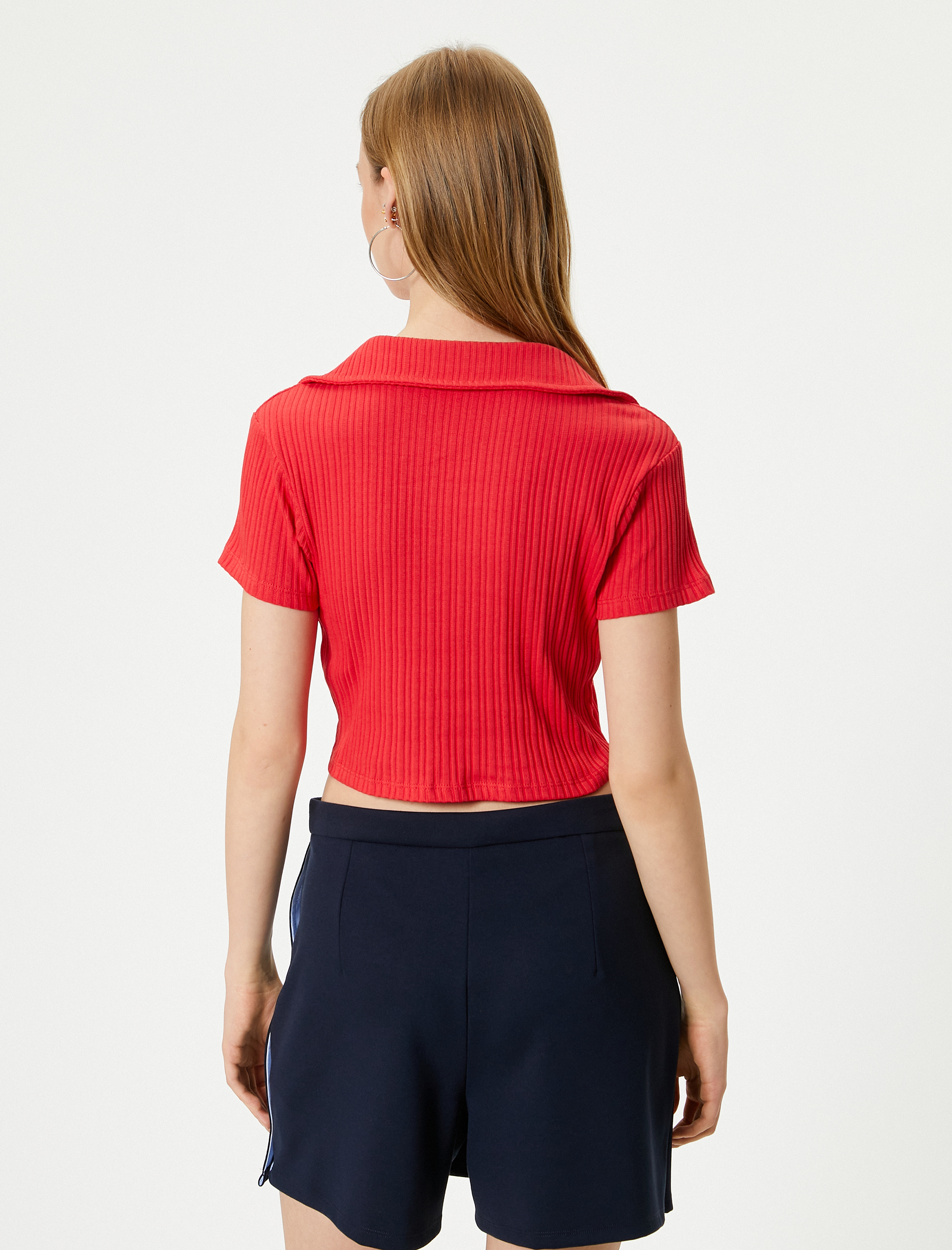   Polo Yaka Crop Tişört Kısa Kollu Ribanalı Pamuklu