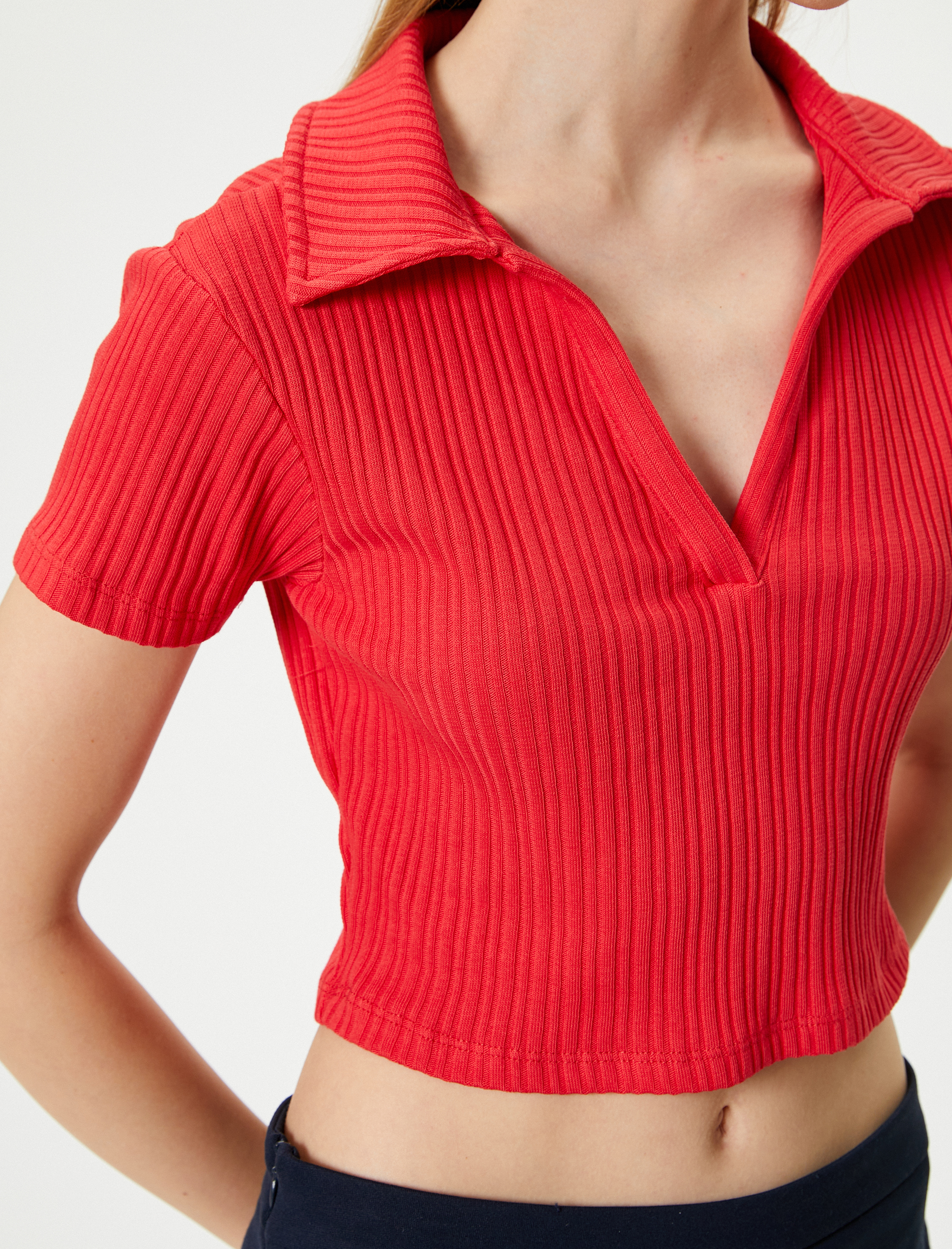   Polo Yaka Crop Tişört Kısa Kollu Ribanalı Pamuklu