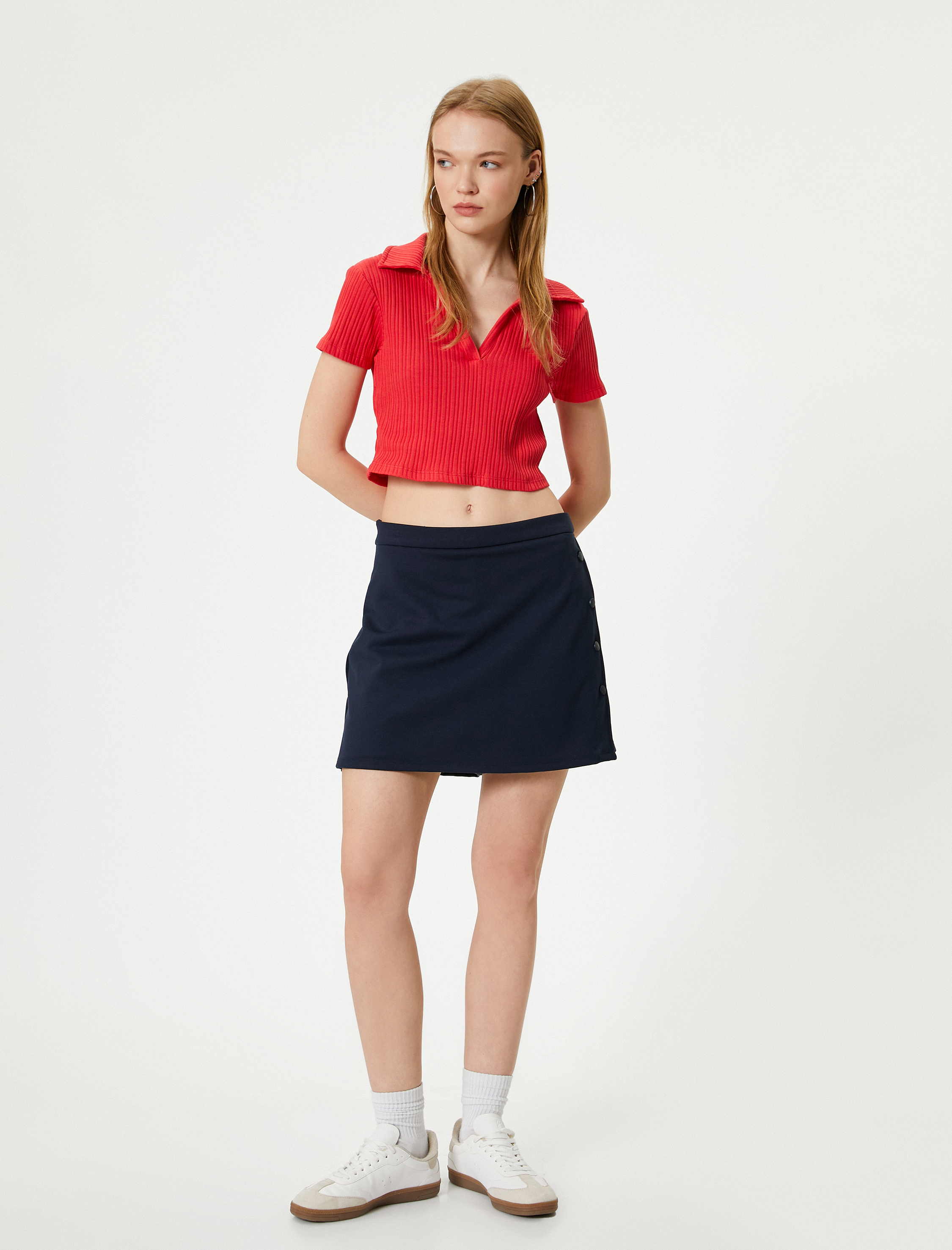   Polo Yaka Crop Tişört Kısa Kollu Ribanalı Pamuklu