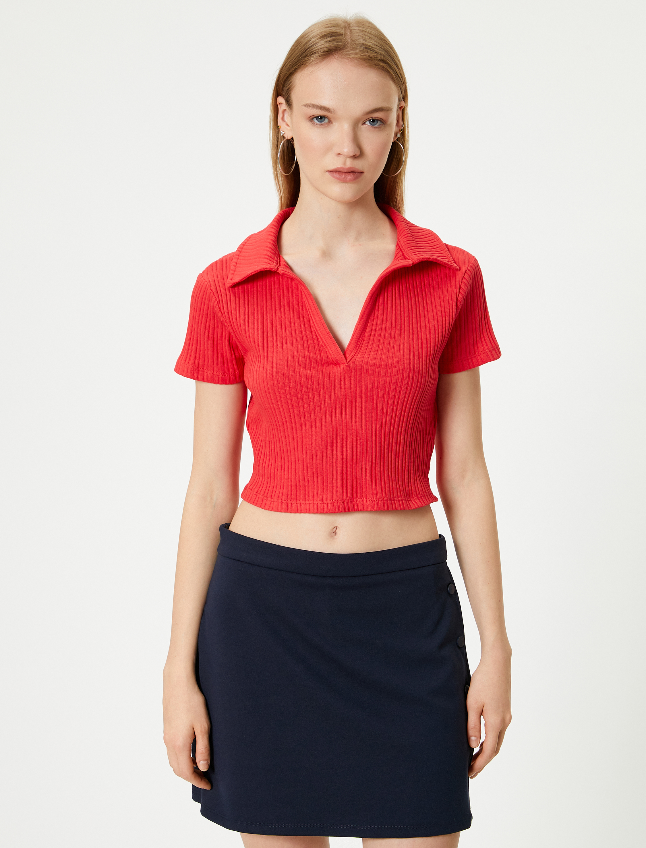   Polo Yaka Crop Tişört Kısa Kollu Ribanalı Pamuklu