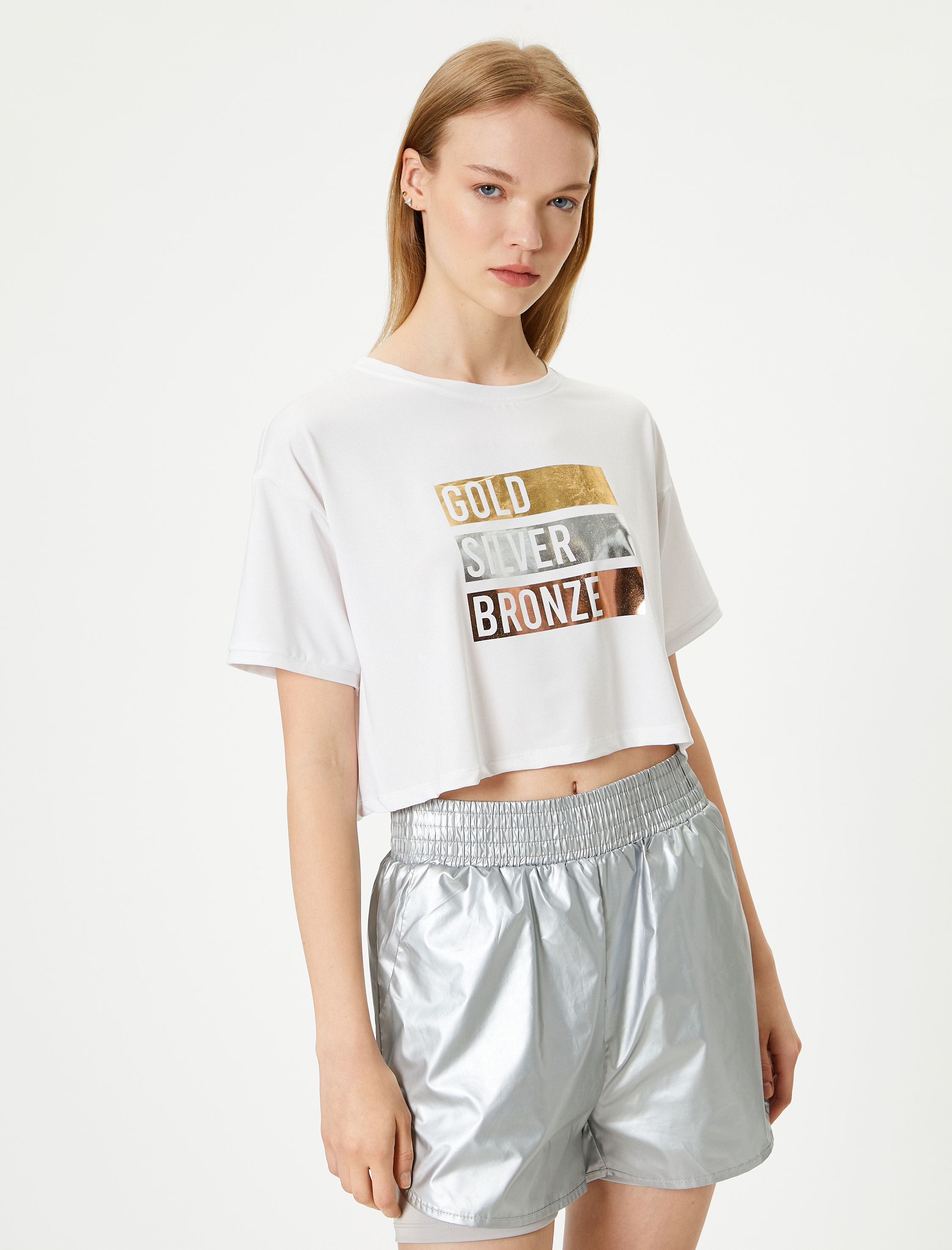   Crop Tişört Slogan Baskılı Bisiklet Yaka