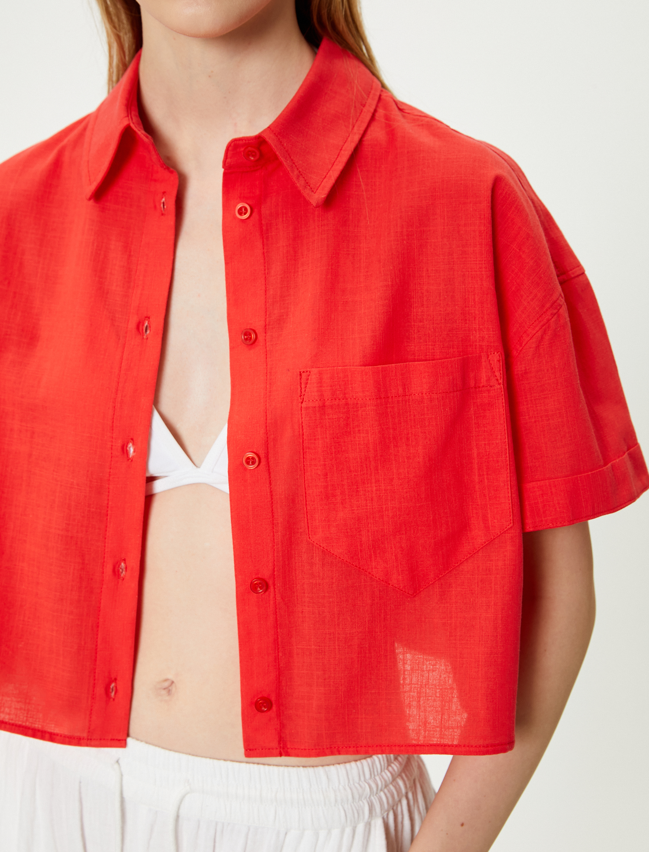   Kısa Kollu Gömlek Cep Detaylı Klasik Yaka Pamuklu