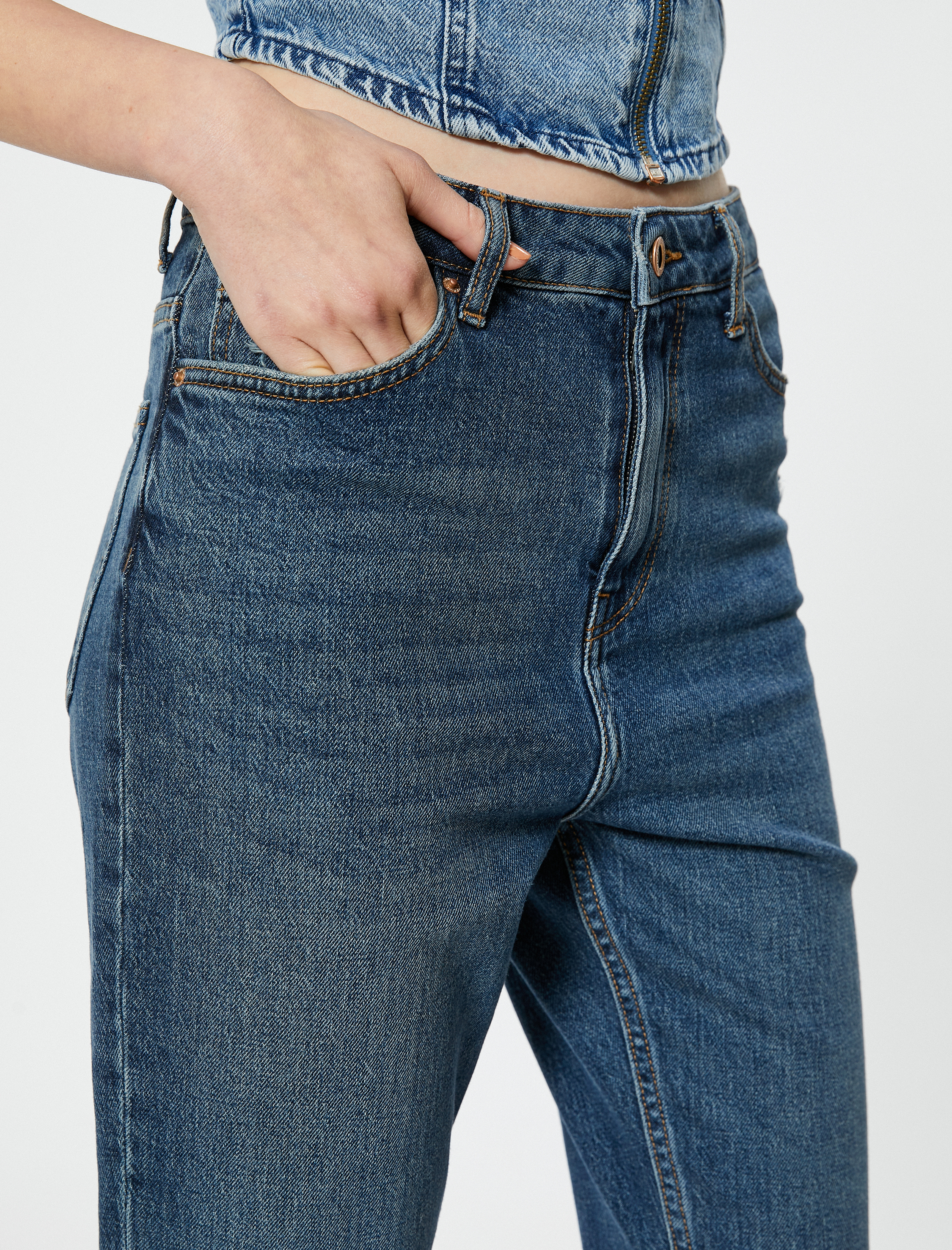   Yüksek Bel Mom Kot Pantolon Esnek Cepli Dar Kalıp Pamuklu - Slim Mom Jean