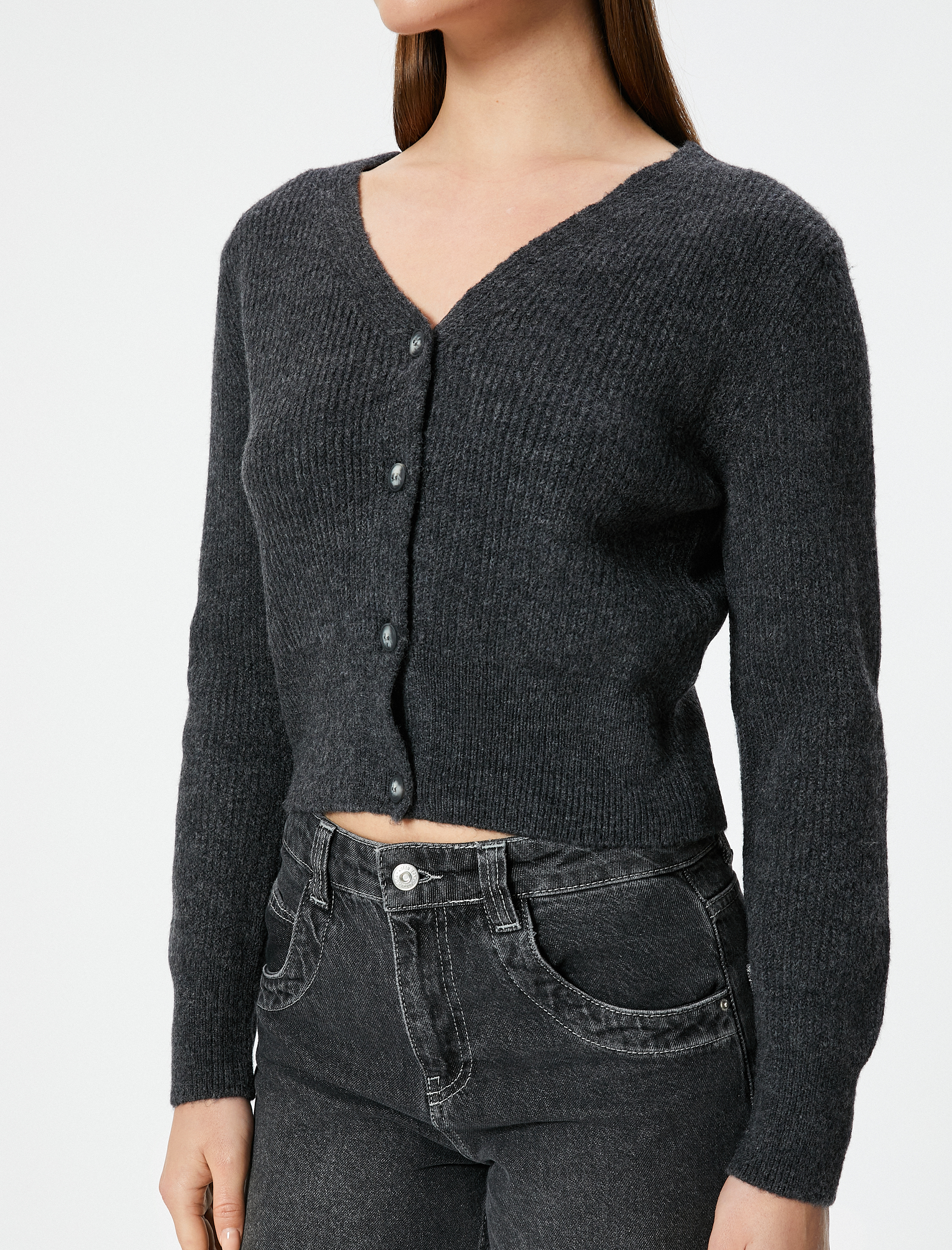   Triko Hırka V Yaka Düğmeli Uzun Kollu