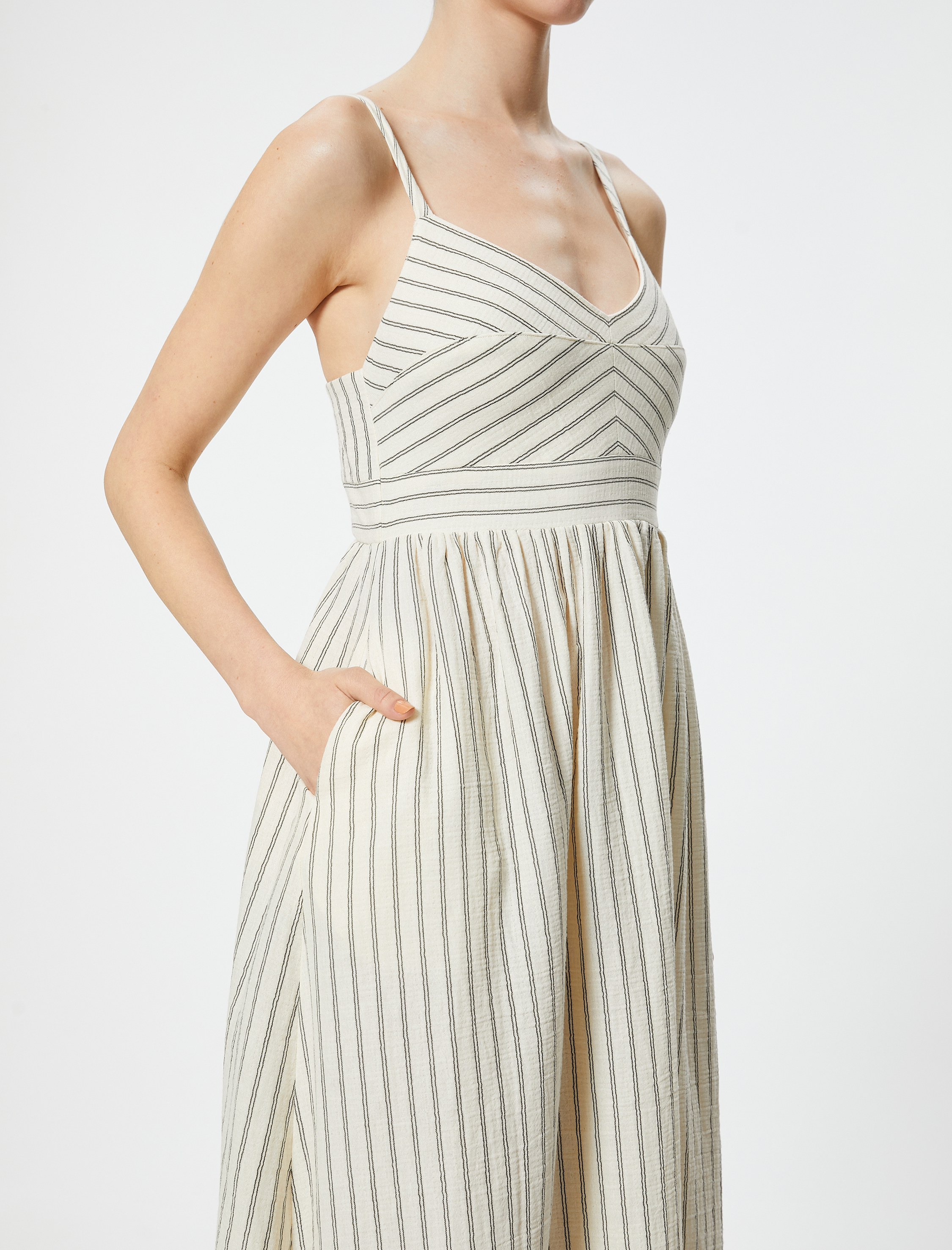   Askılı Uzun Elbise Astarlı Cepli Arkası Gipeli Pamuklu