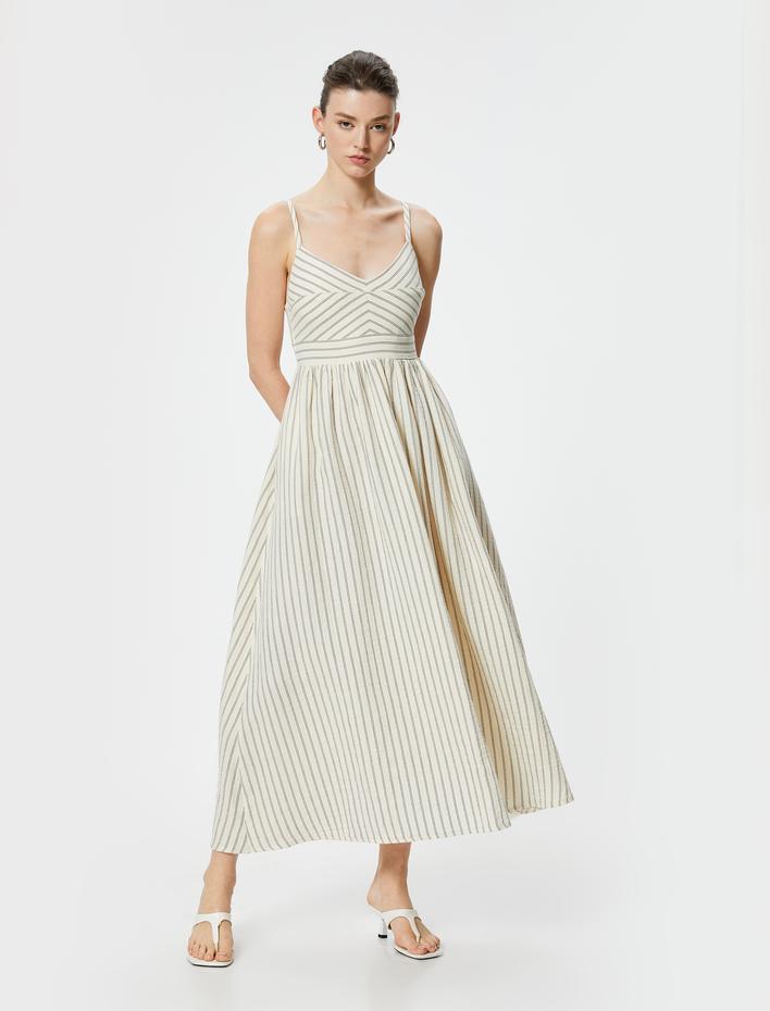  Askılı Uzun Elbise Astarlı Cepli Arkası Gipeli Pamuklu