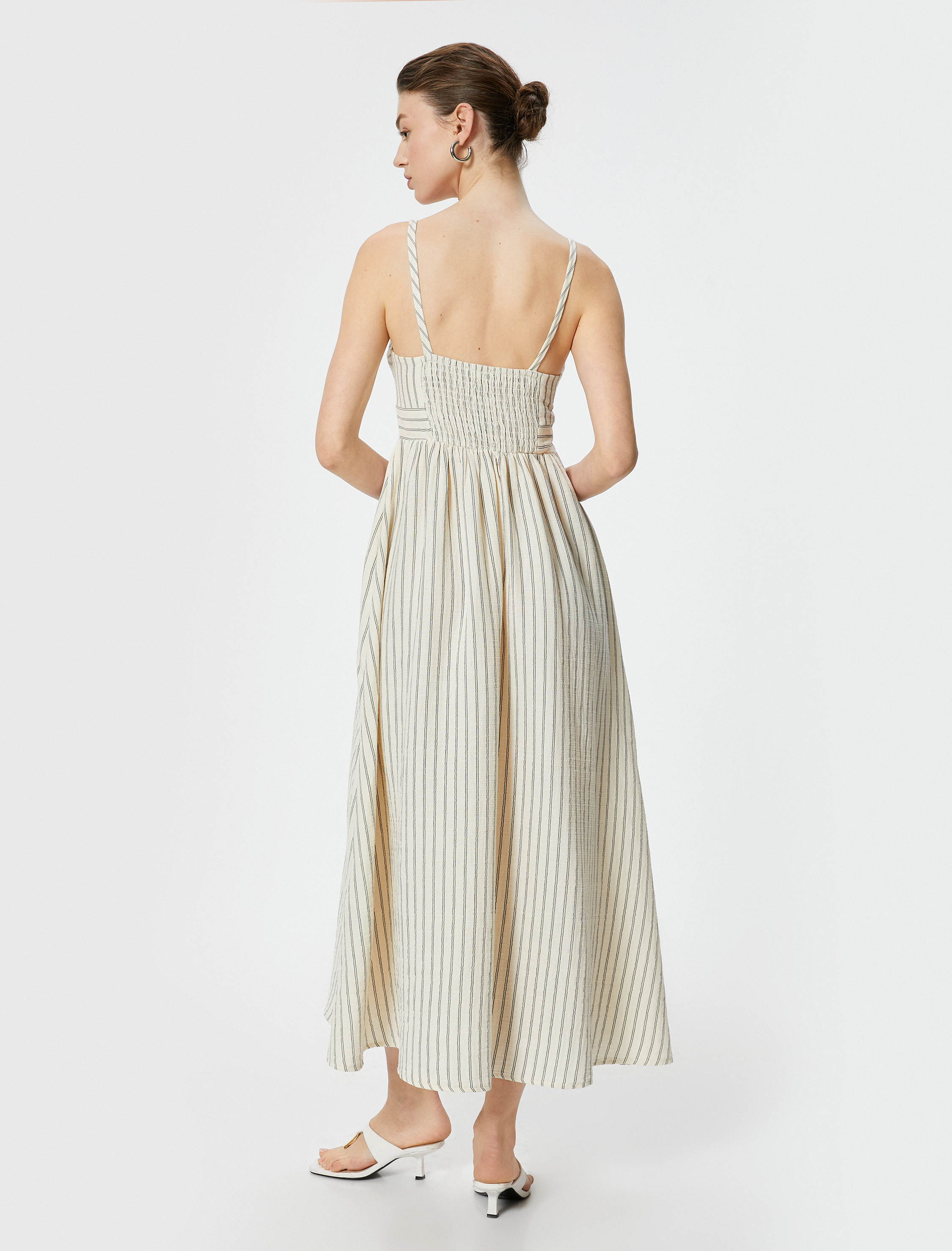   Askılı Uzun Elbise Astarlı Cepli Arkası Gipeli Pamuklu