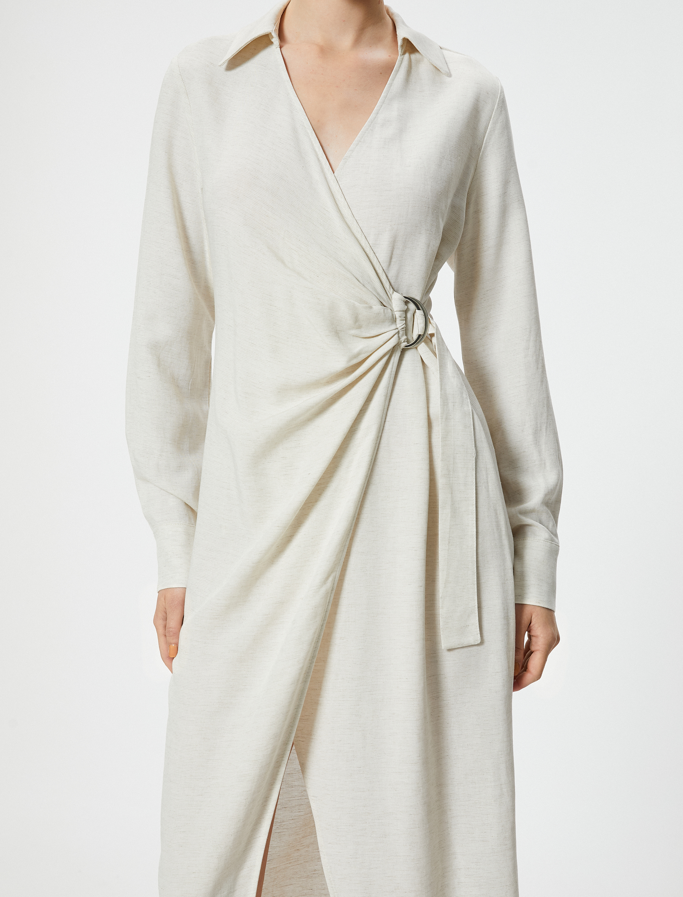   Keten Karışımlı Uzun Gömlek Elbise Kruvaze