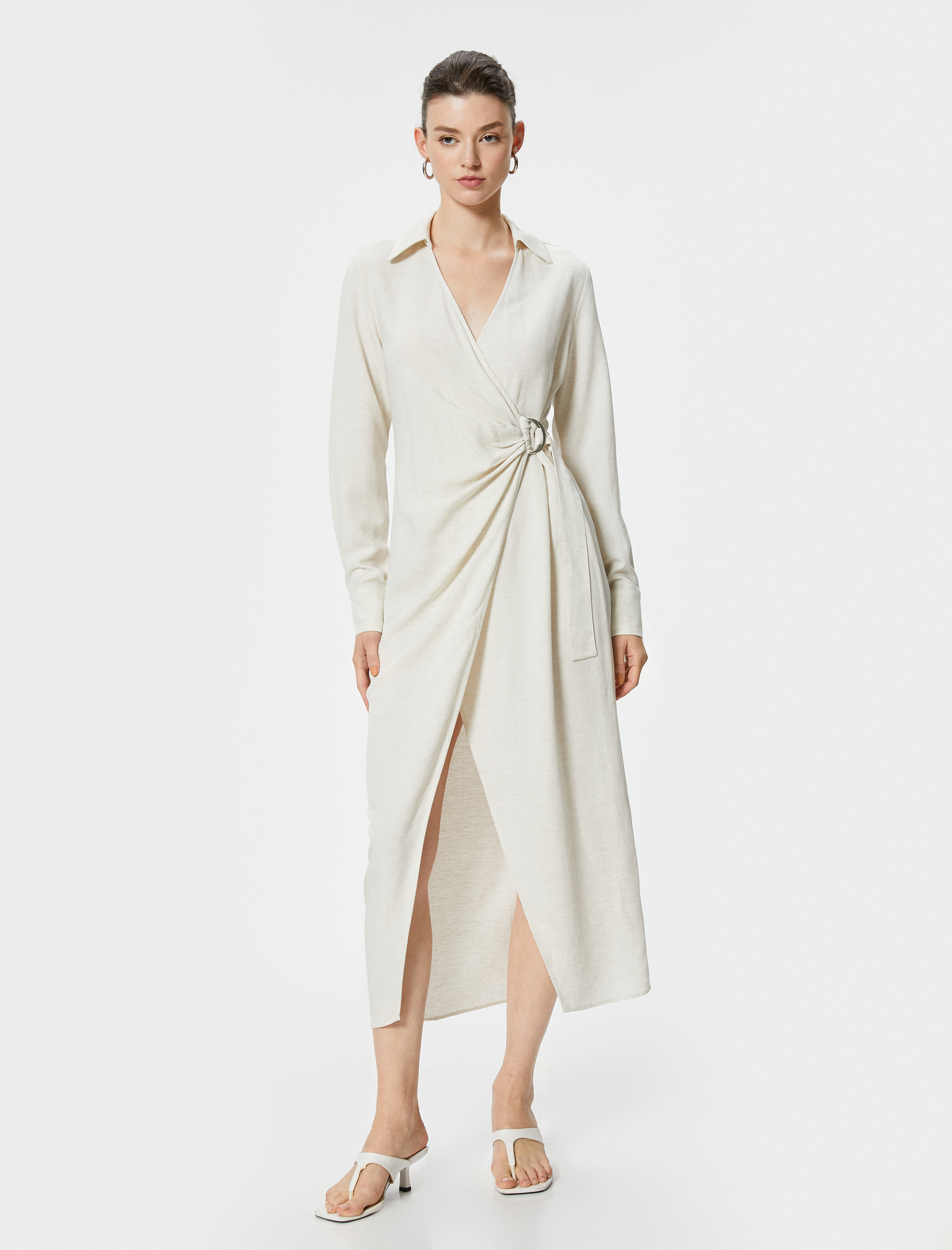   Keten Karışımlı Uzun Gömlek Elbise Kruvaze