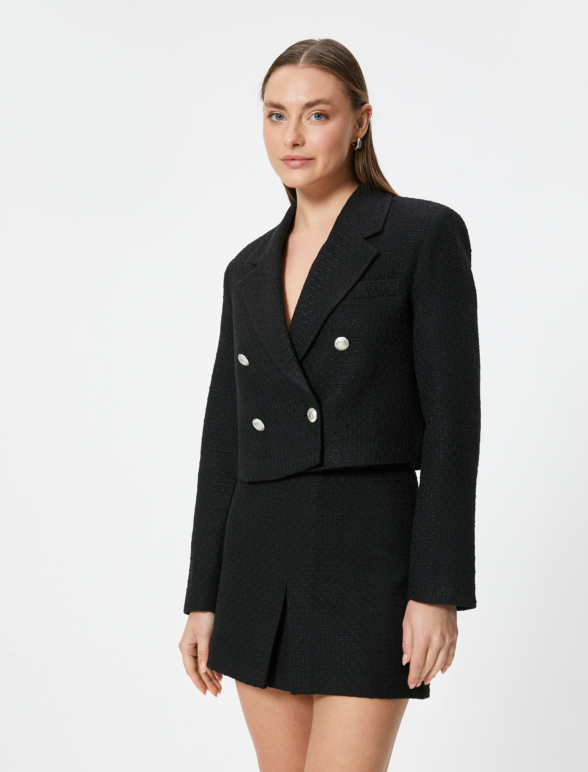 Düğmeli Kısa Kruvaze Tüvit Blazer Ceket