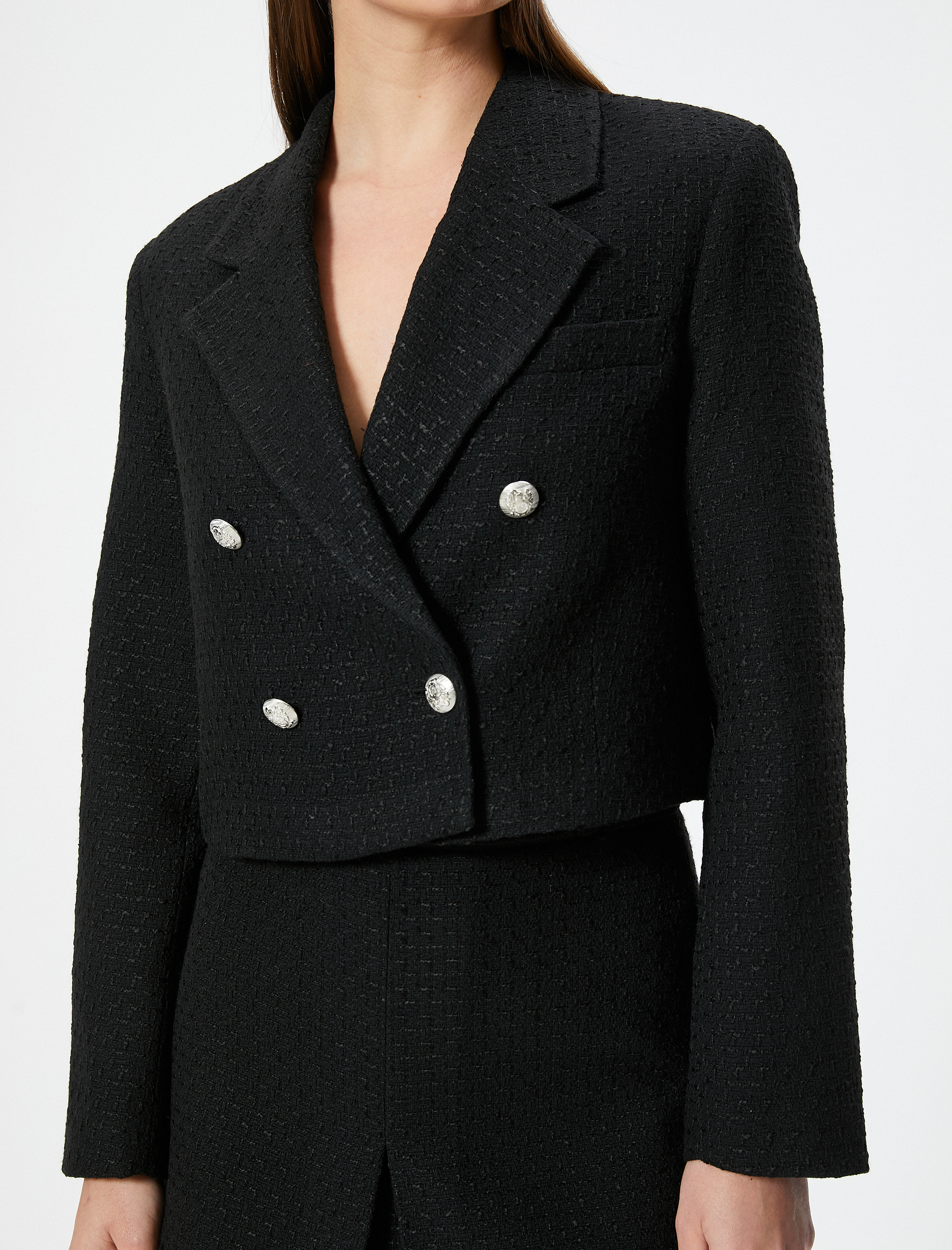 Düğmeli Kısa Kruvaze Tüvit Blazer Ceket