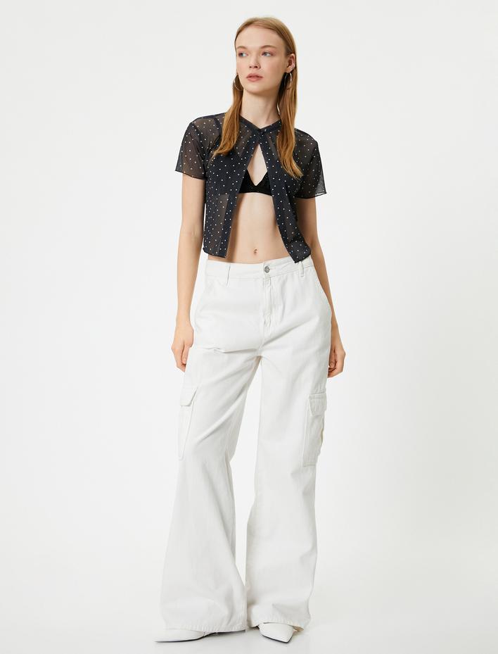  Transparan Bluz Puantiyeli Yuvarlak Yaka Düğmeli Kısa Kollu