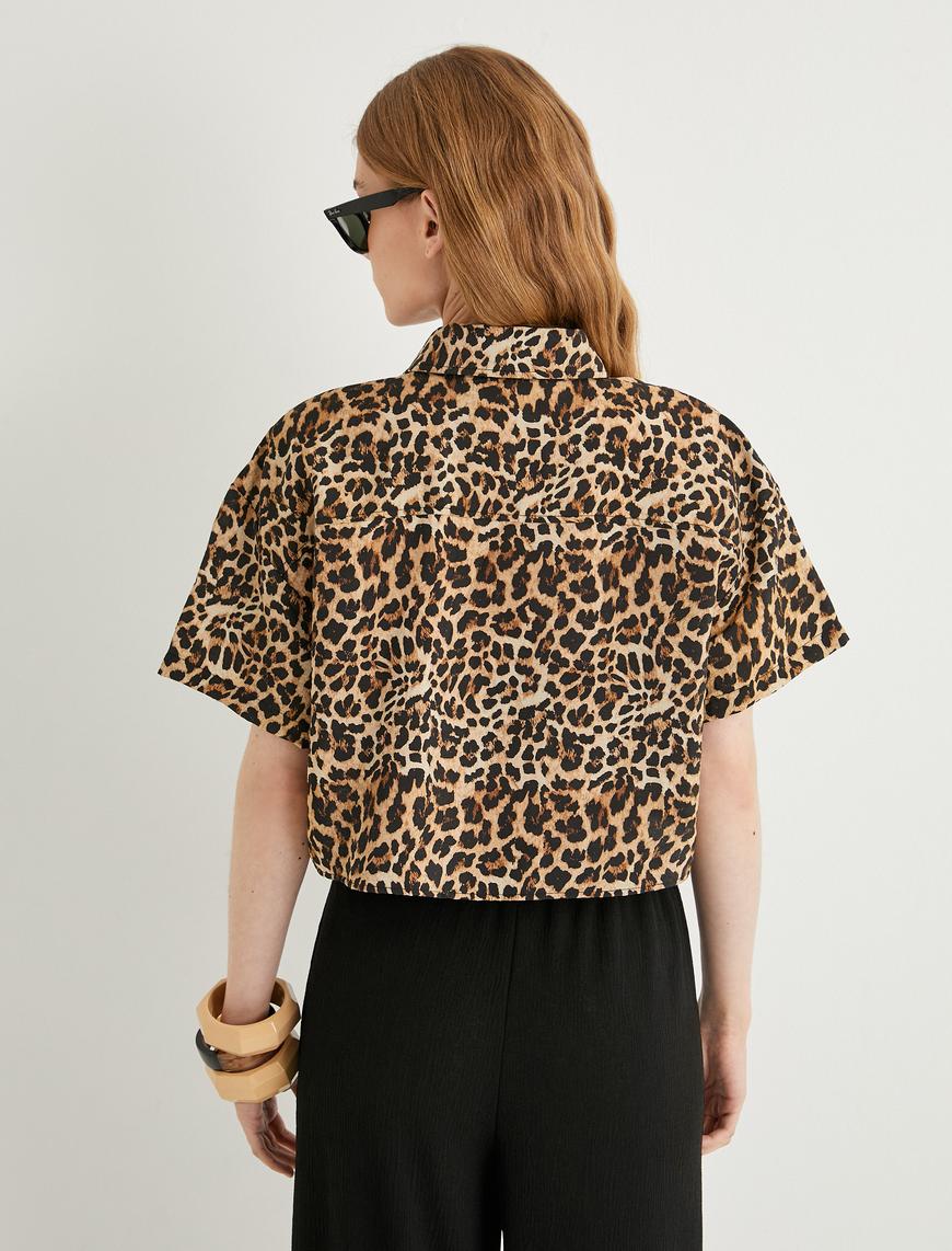   Crop Leopar Gömlek Oversize Kısa Kollu Cepli