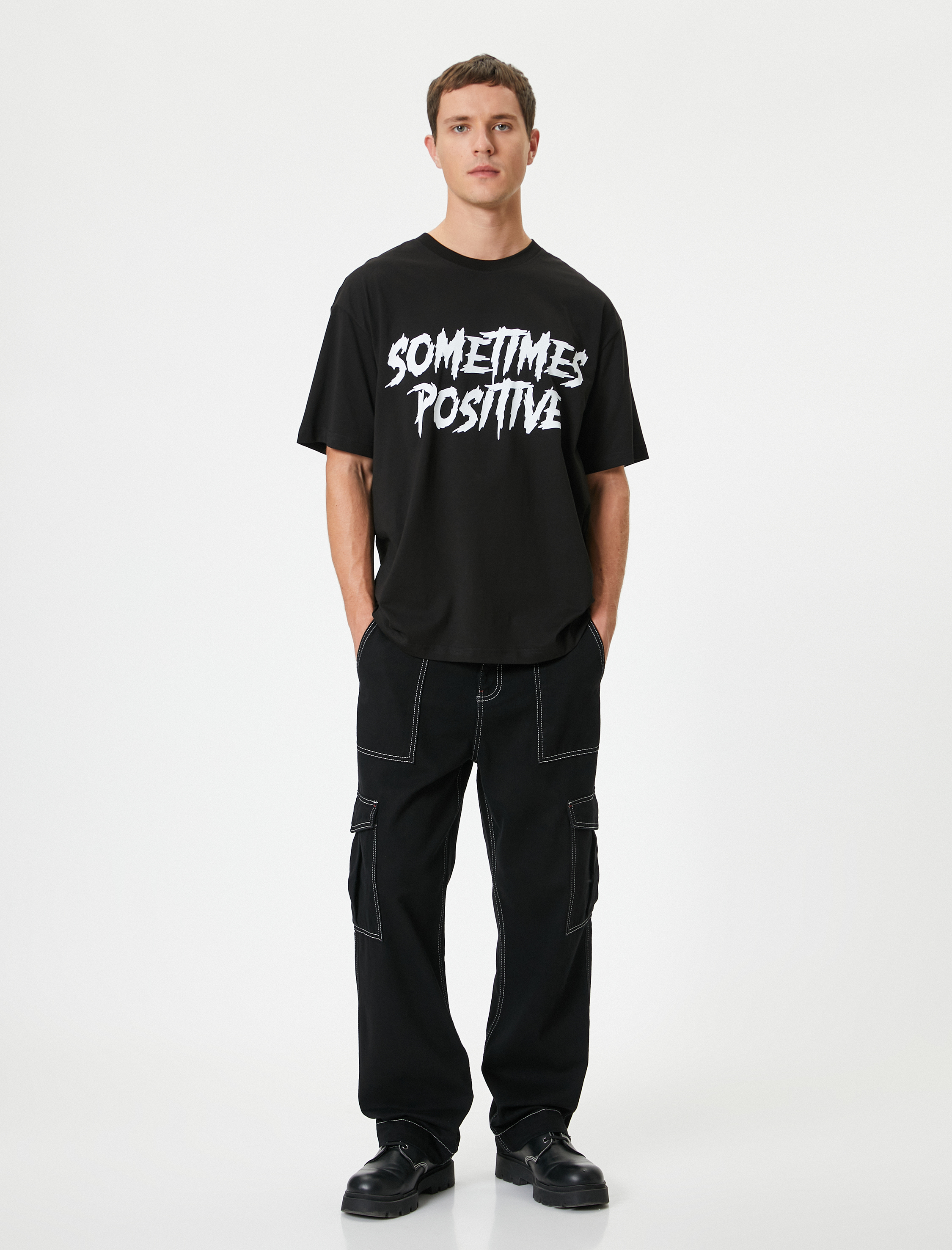   Oversize Tişört Slogan Baskılı Bisiklet Yaka Kısa Kollu Pamuklu