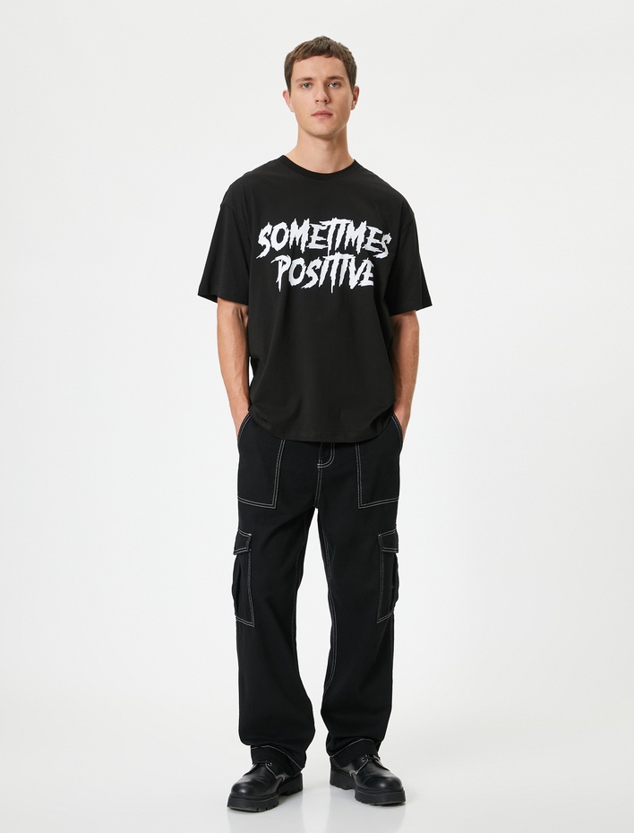  Oversize Tişört Slogan Baskılı Bisiklet Yaka Kısa Kollu Pamuklu