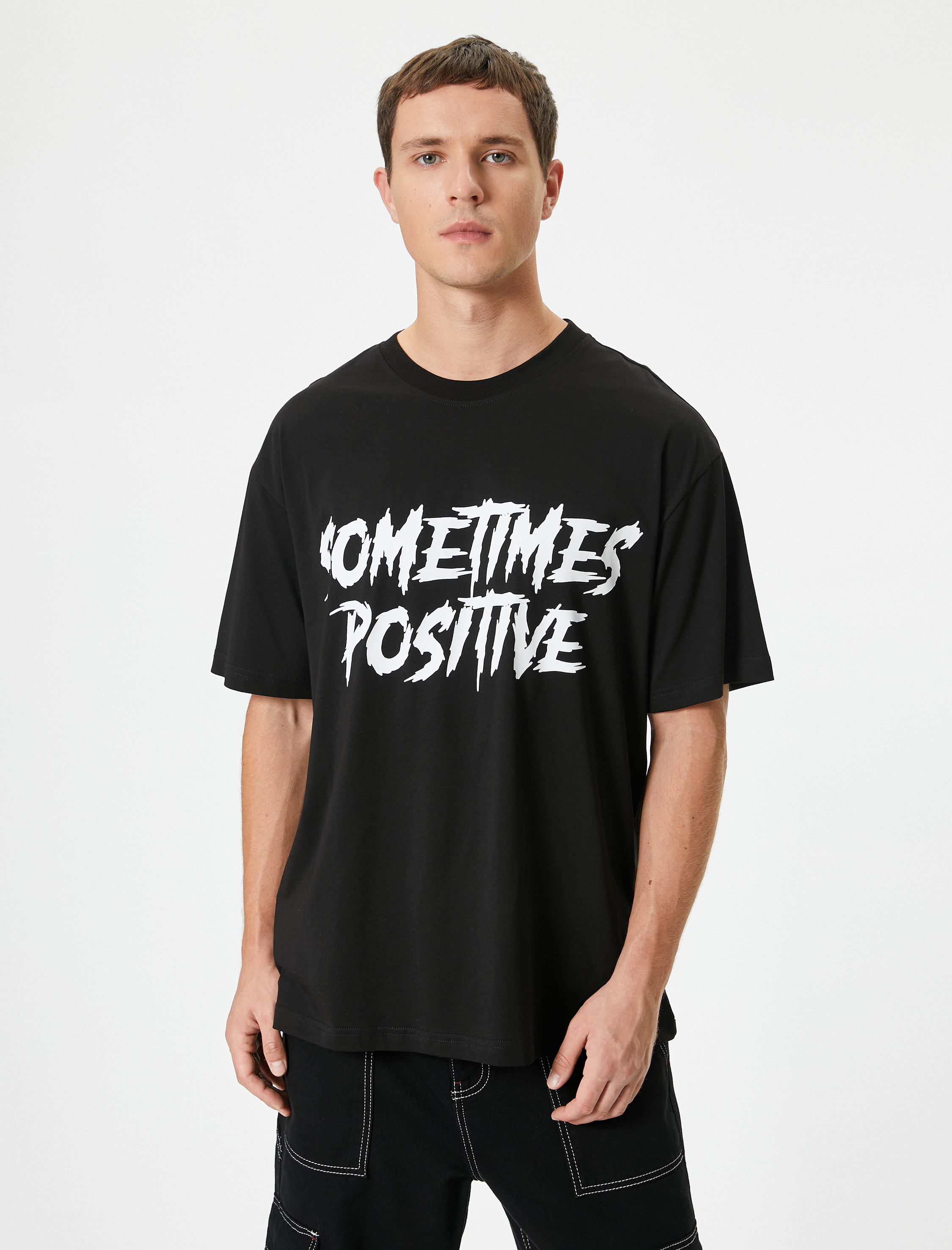   Oversize Tişört Slogan Baskılı Bisiklet Yaka Kısa Kollu Pamuklu