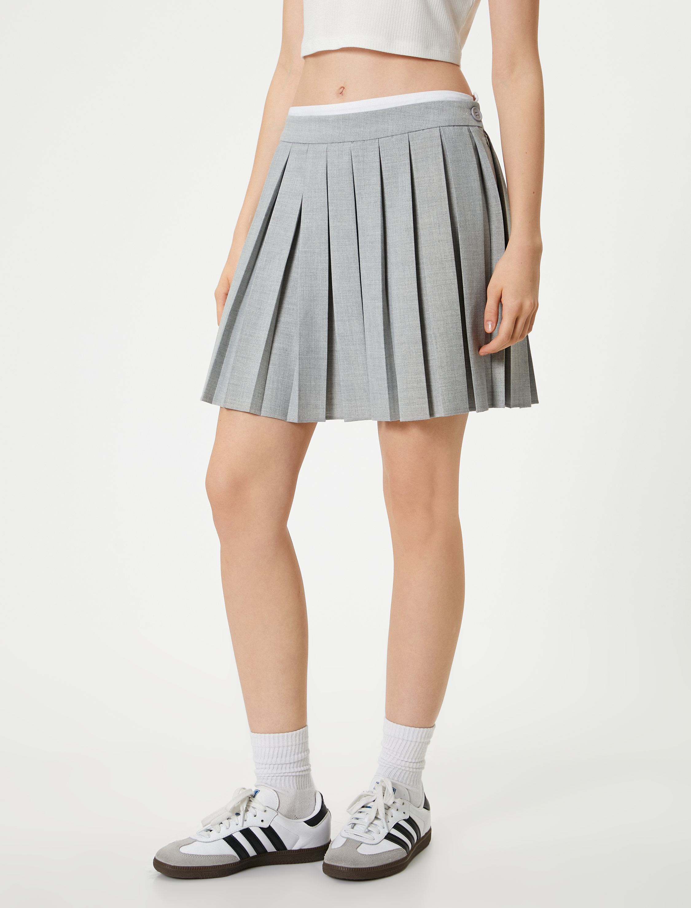   Pileli Mini Etek Çift Bel Detaylı Renk Kontrastlı Fermuarlı