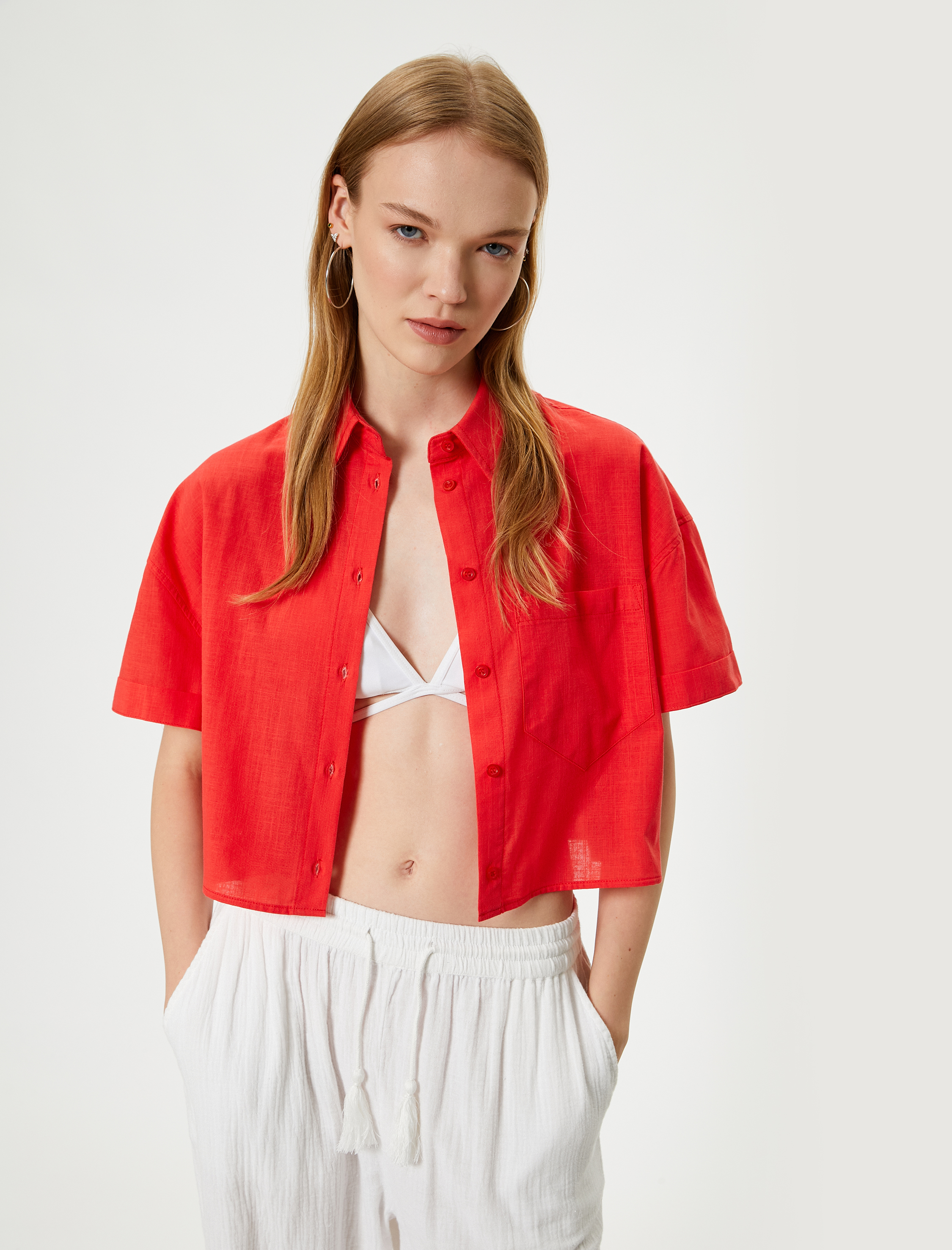   Kısa Kollu Gömlek Cep Detaylı Klasik Yaka Pamuklu