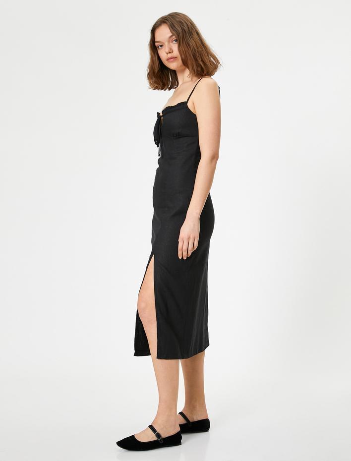  Uzun Elbise Keten Karışımlı Askılı Yırtmaçlı Önü Bağlamalı