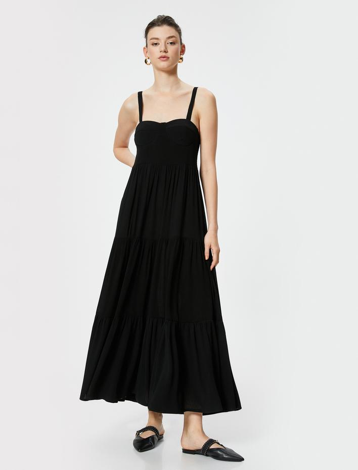  Askılı Uzun Viskon Elbise Katlı Kalp Yaka Astarsız