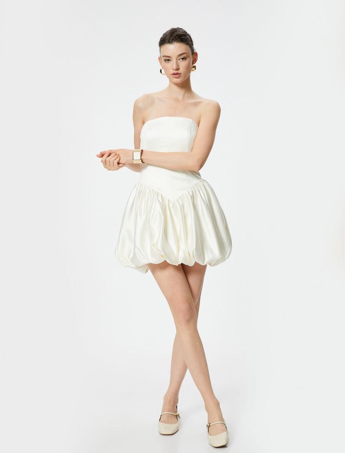  Koton X Sibil Çetinkaya - Mini Straplez Saten Balon Elbise Slim Fit